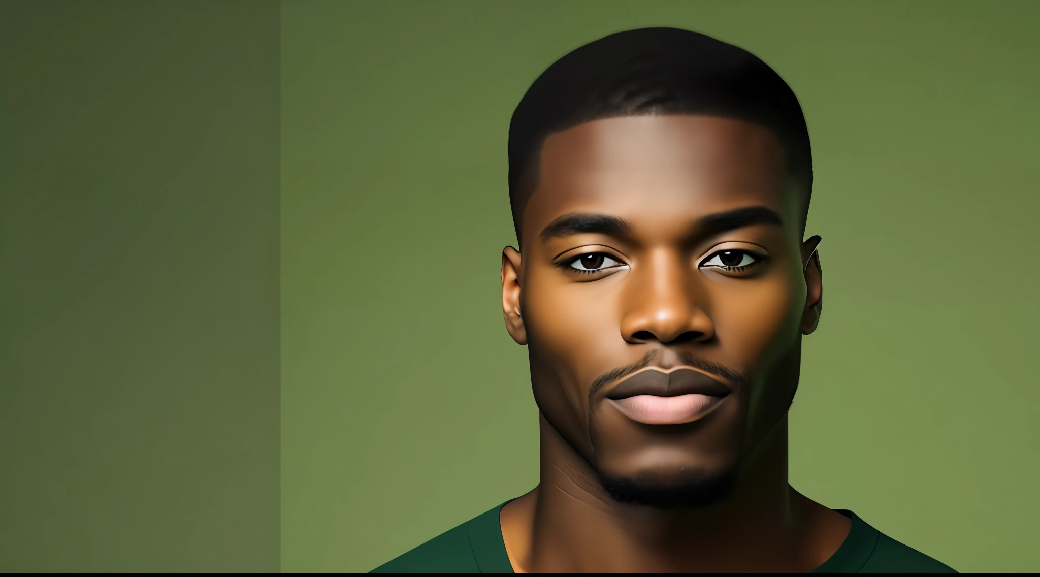 Portrait of handsome black man, face zoom, frontal vision, serious expression, short hair and no beard, green background, fit on page