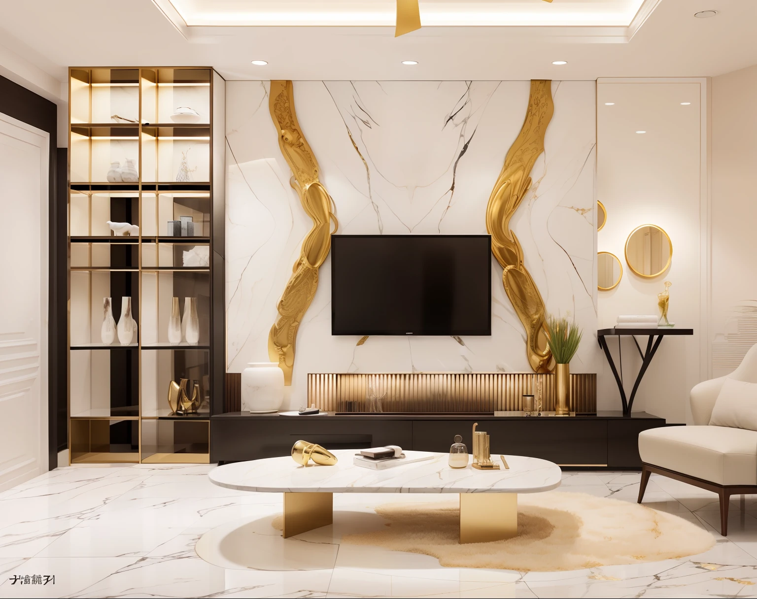 arafed living room with a tv and a large marble wall, ivory and black marble, marble walls, on a large marble wall, white marble floor, lủuy space, super sophisticated texture, living room wall background, elegant and refined, exaggerated texture, made of liquid metal and marble, line gold