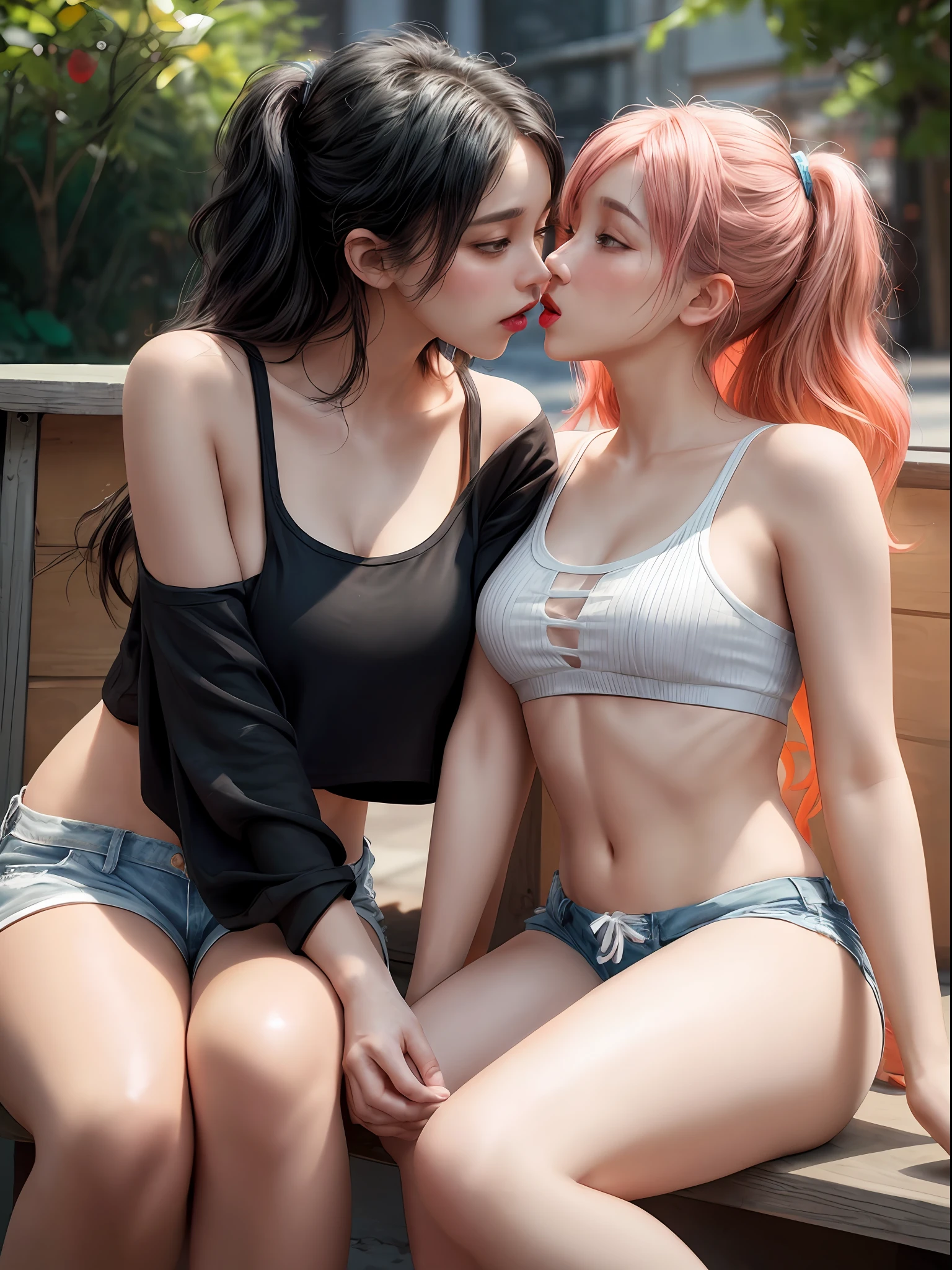 Nsfw:1.5, two women kissing, wearing shorts and tops, eating cones, in the style of beautiful women, wavy, hot body, streetwise style, stunning, intricately detailed, beautifully color-coded, unreal engine, octane render, natural lighting, ar 9:16, style expressive