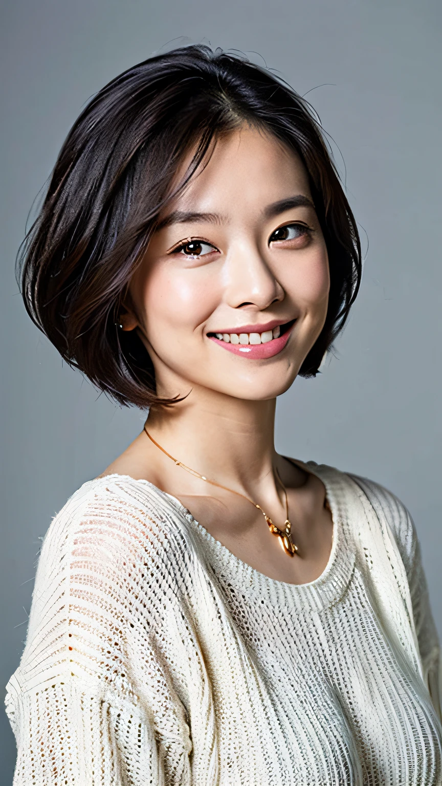 (Best quality, 8k, 32k, Masterpiece, UHD:1.2),Photo of Pretty Japanese woman, large breasts, very short bob hair,upper body,(oversized_sweater,:1.1) necklace, simple background, looking at around, smile