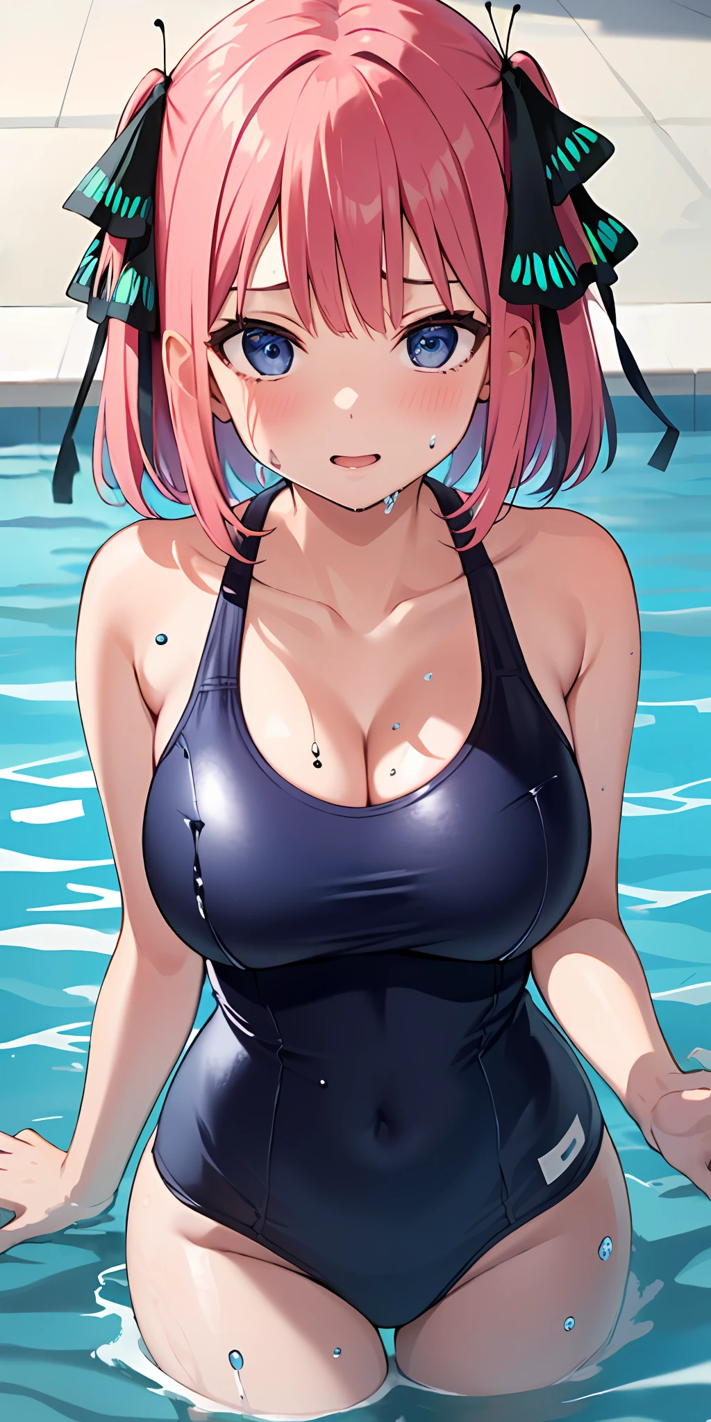(Best quality:1.3), nakano nino, pink hair, butterfly hair ornament, large round breasts, cleavage, one-piece swimsuit, (soaking wet:1.3), swimming pool, (pov)