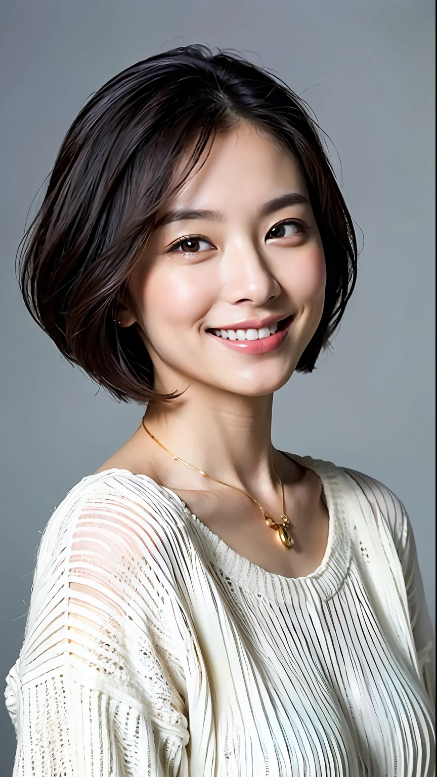 (Best quality, 8k, 32k, Masterpiece, UHD:1.2),Photo of Pretty Japanese woman, large breasts, very short bob hair,upper body,(oversized_sweater,:1.1) necklace, simple background, looking at around, smile