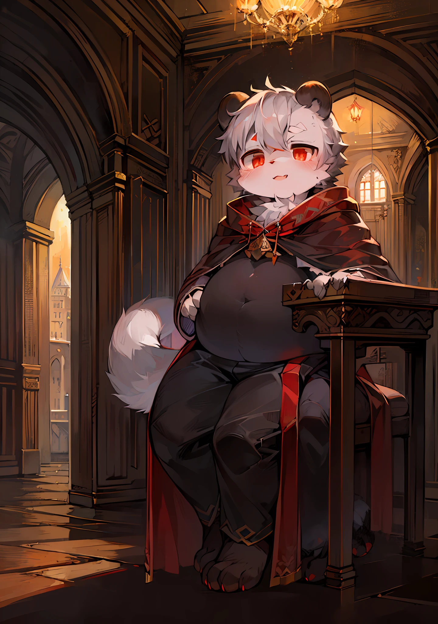 (Dark Environment: 0.8), Masterpiece, High Quality, Abstract Res, Digital Painting\(artwork\), by Dagasi, Yupa, Kiyosan, (Anthro, Fluffy Fur, Character Focus: 1.1), Anthro Male Cat, Short Hair, Portrait , bright eyes, panorama, character focus. (Detailed background: 0.7), Solo, Furry, Obese, Hairy Male, Male Focus, Anthr, (Full Body Fur, Fluffy Tail, Gray Fur, Red Eyes, Gray Hair: 1.2), (Panda, Vampire, Cape: 1.2), (Interior, Night, Castle: 1.1)