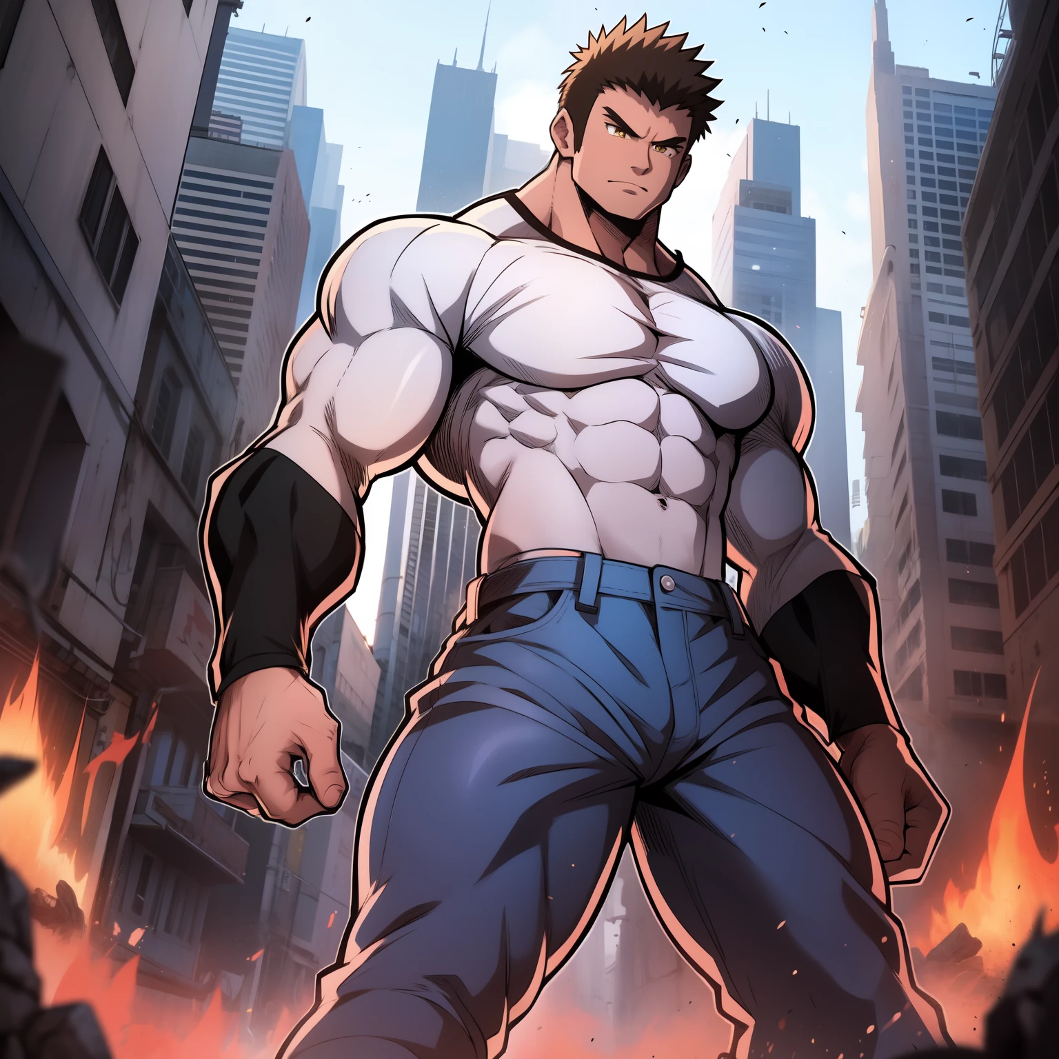 Anime style art, anime style drawing, front image, full body, muscular male character, protagonist, yellow eyes, short hair, hair with spikes, short hair, muscular character, wearing red long sleeve shirt, black sleeves, wearing gray pants, wearing white sneakers. Full body image, frontal image, protagonist character, heroic character, intimidating posture, muscular character, bodybuilder body, frontal image, full body image, Just a persaongem, muscular character!!