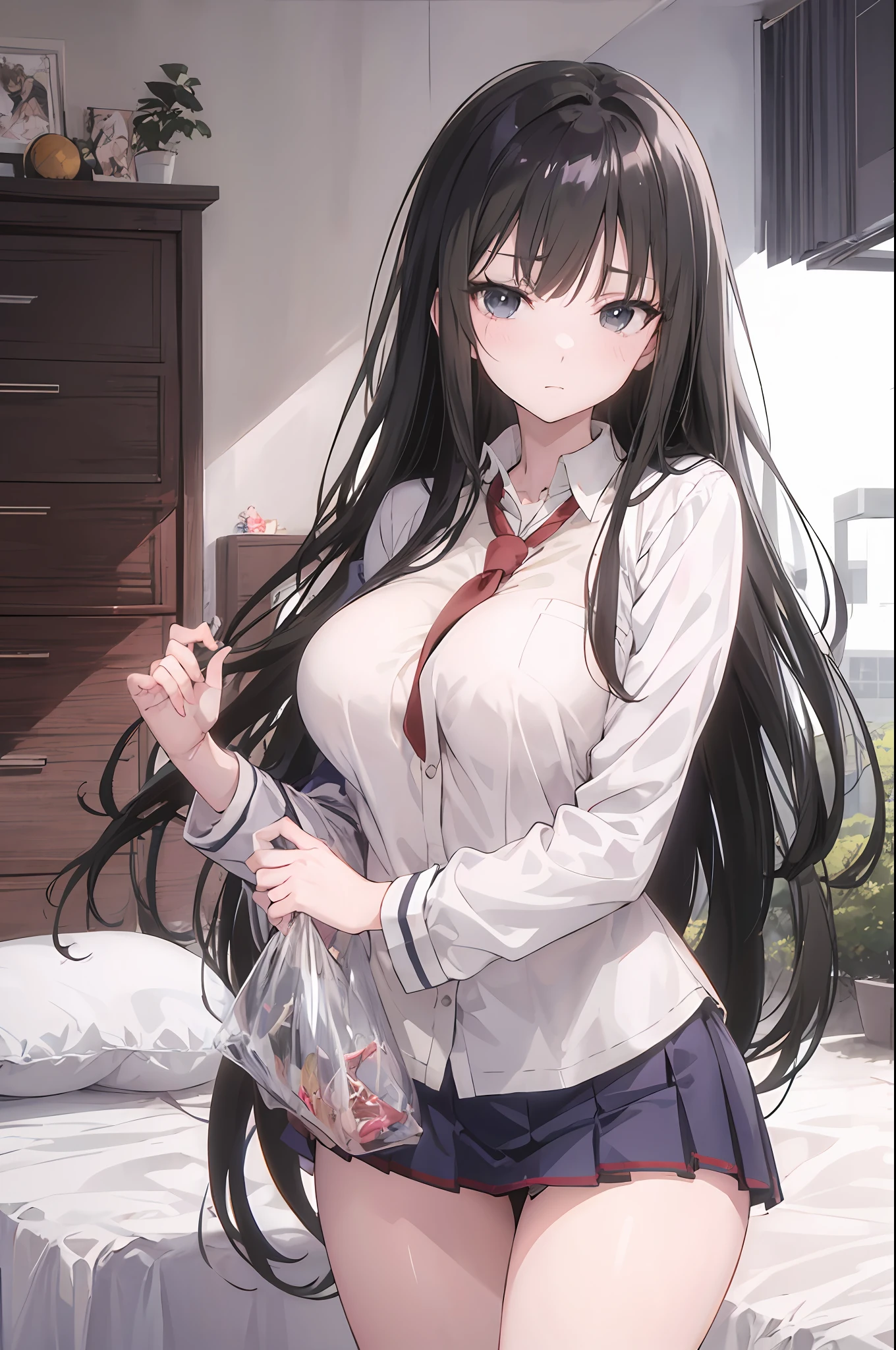 anime girl with long black hair and white shirt holding a pillow, nagatoro, hinata hyuga, with a large breasts, marin kitagawa fanart, oppai, nishimiya shouko, kantai collection style, with large breasts, in an anime style, anime moe artstyle, big breasts!!, as an anime character, official art, big breasts!