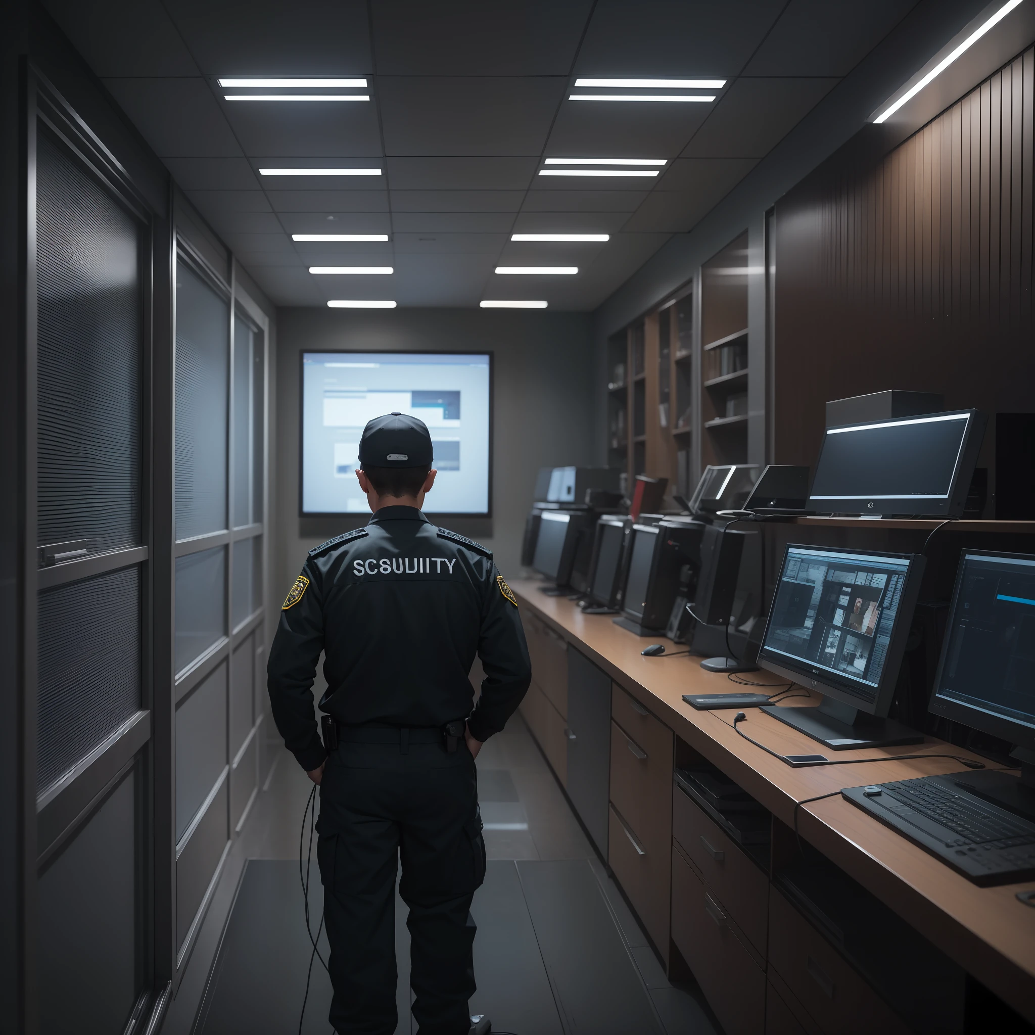 The room is dimly lit, with a few monitors displaying CCTV footage of different areas of the facility. The security guard is sitting at their desk, keeping an eye on everything. The atmosphere is quiet and tense, as the guard is responsible for keeping everything safe and secure. The room has several computers and other pieces of equipment, with wires and cords running between them. It's a crucial location, where the security guard keeps an eye on everything, making sure that nothing goes wrong. The image has a tense and somewhat lonely vibe to it, as the security guard is the only person in the room.