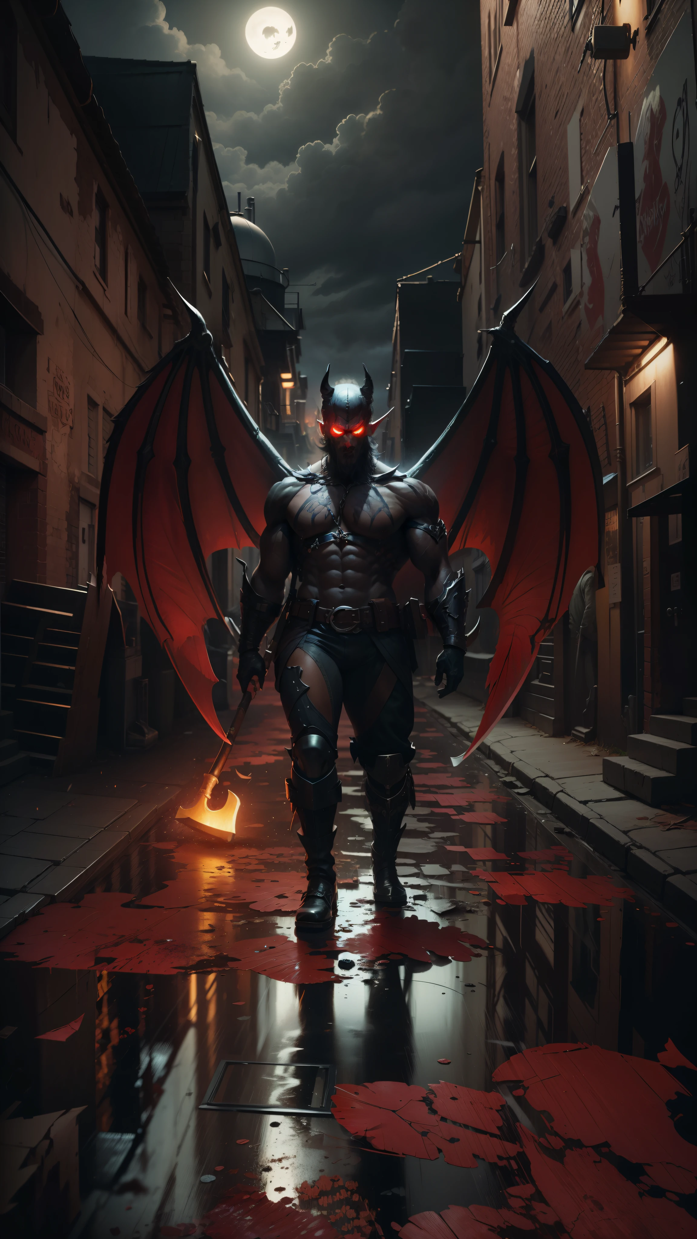 A demon with huge wings and an axe walking in a dark and gloomy alley, 8k.