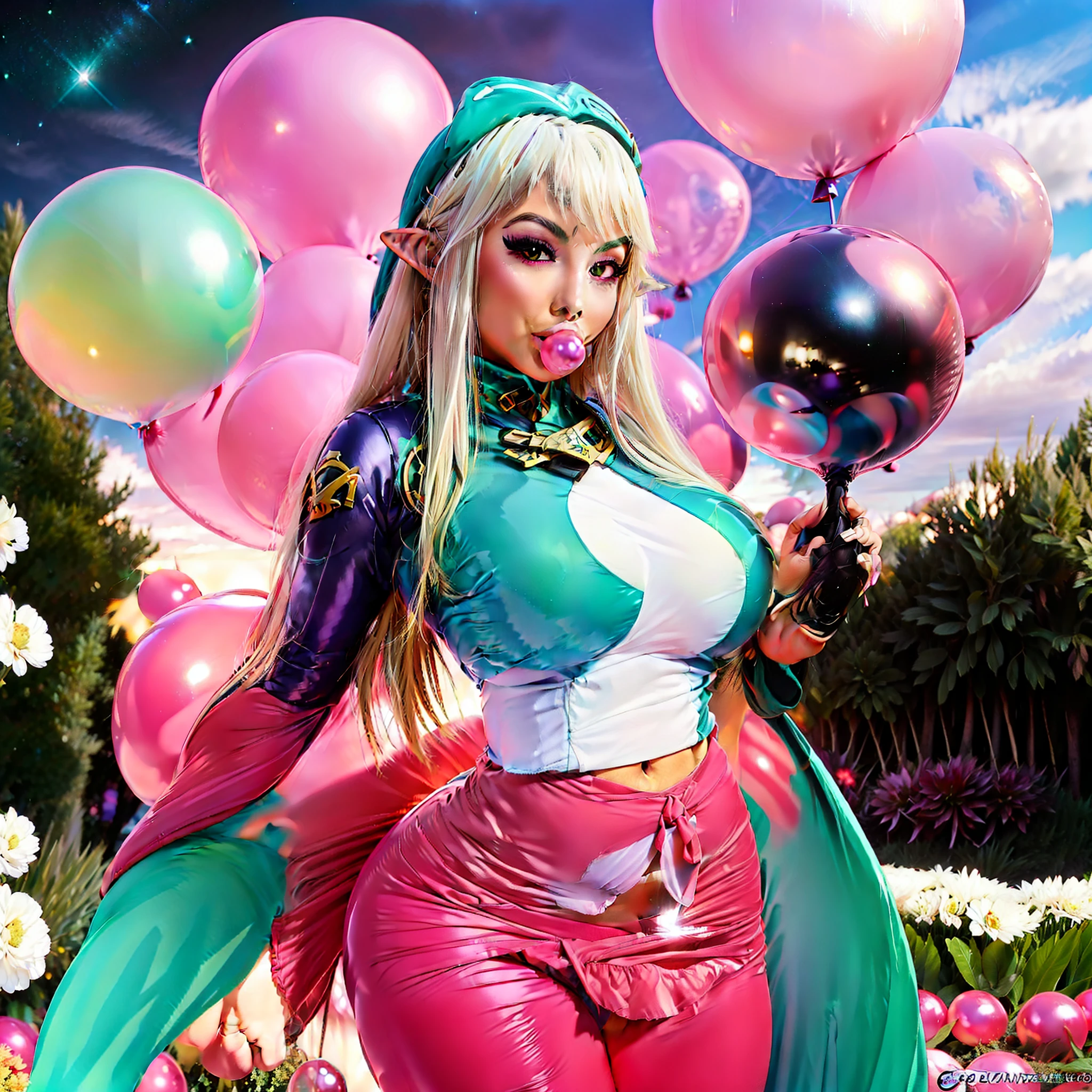 realistic, Japanese elf, 1girl, thick long white hair with Fuchsia and red streaks, purple eyes, glowing eyes, smirking, crop top, tight mini skirt, blue leggings, parted lips, blush, night, flowers, sun, sunlight, massive big breasted bimbo, Green and sea blue colored armored spacesuit with NASA and Spetnaz logos on breasts, body length balloon inflatable cape, massive(inflating bubble gum, blow bubble), thick pouty bright pink inflated balloon lips, massive(erection under clothes), futa bulge, bulge, Side Triceps posing,🌄🌅sky, roman villa, behance, pixiv, artstation, reflections,8k,4K, ☀️🔥🌌💎💯🔝