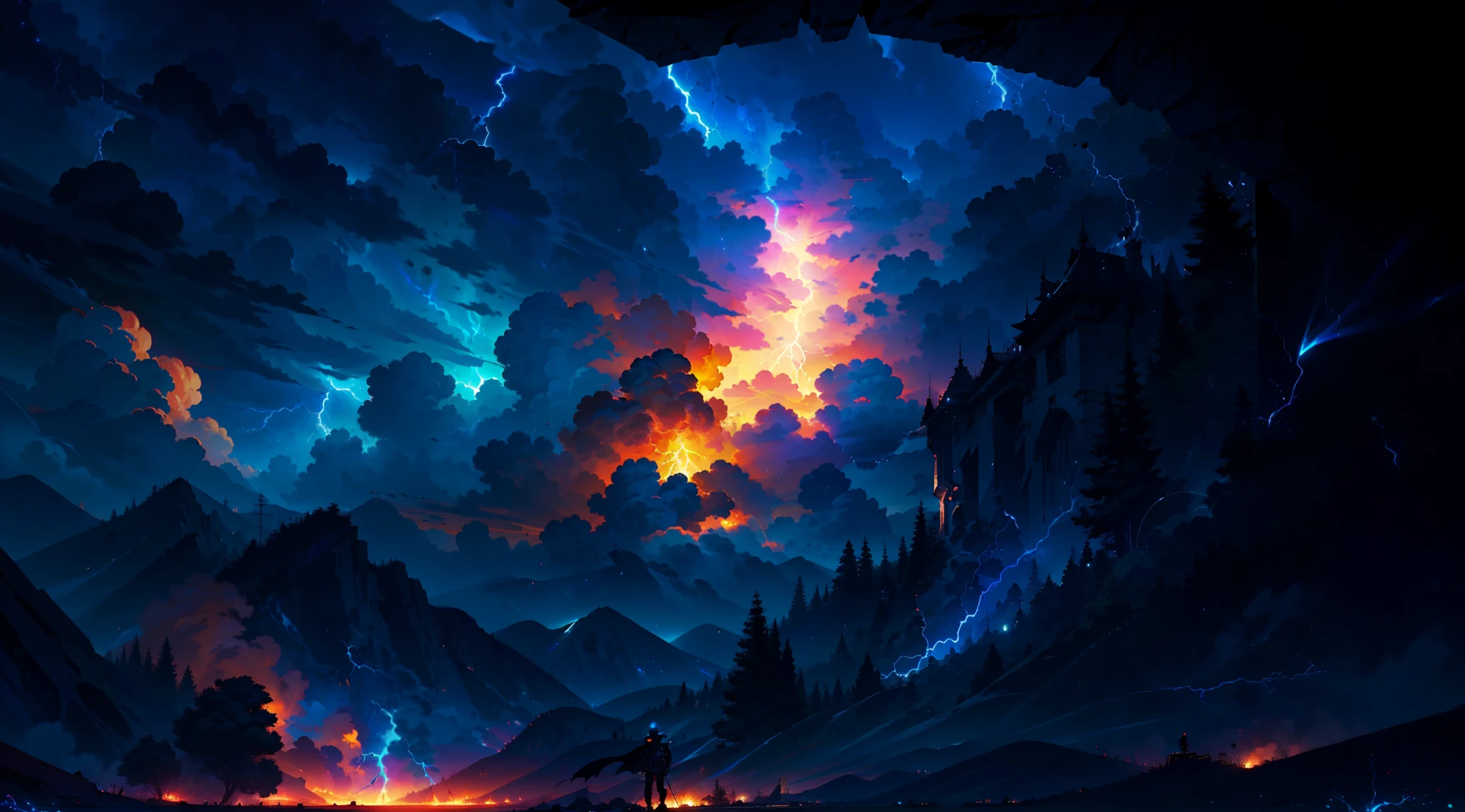 orange and blue background full of lightning, 8K anime, an epic anime, thunder, epic anime style, menacing aura, aura of brilliant power, lots of lightning just the scenery, no character featured in orange color and bright rays a few pages of book flying over the scenery