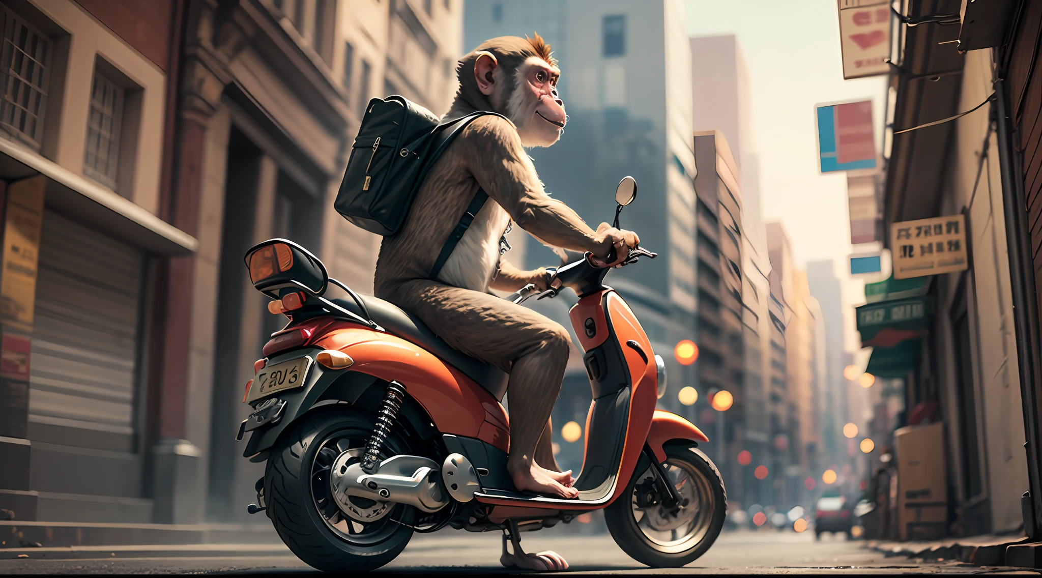 monkey on top of the scooter, showing the middle finger, photorealistic, cinematographic, cinema atmosphere --auto --s2