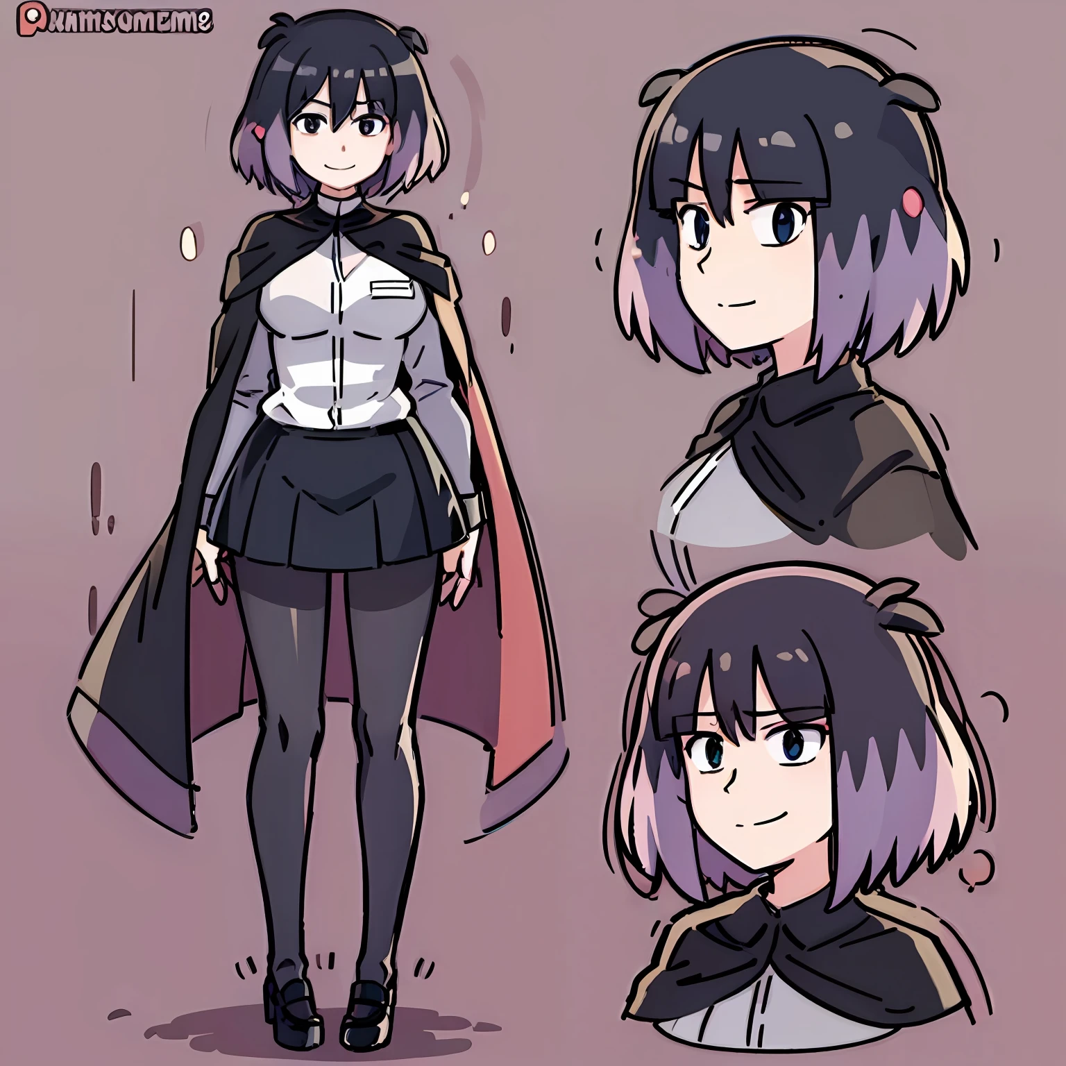 kaisa, full body, sleeveless sweater, long sleeve shirt, cape, skirt, pantyhose, black shoes, looking at the viewer, nameplate, smile, with a red flower in the hair, anime style