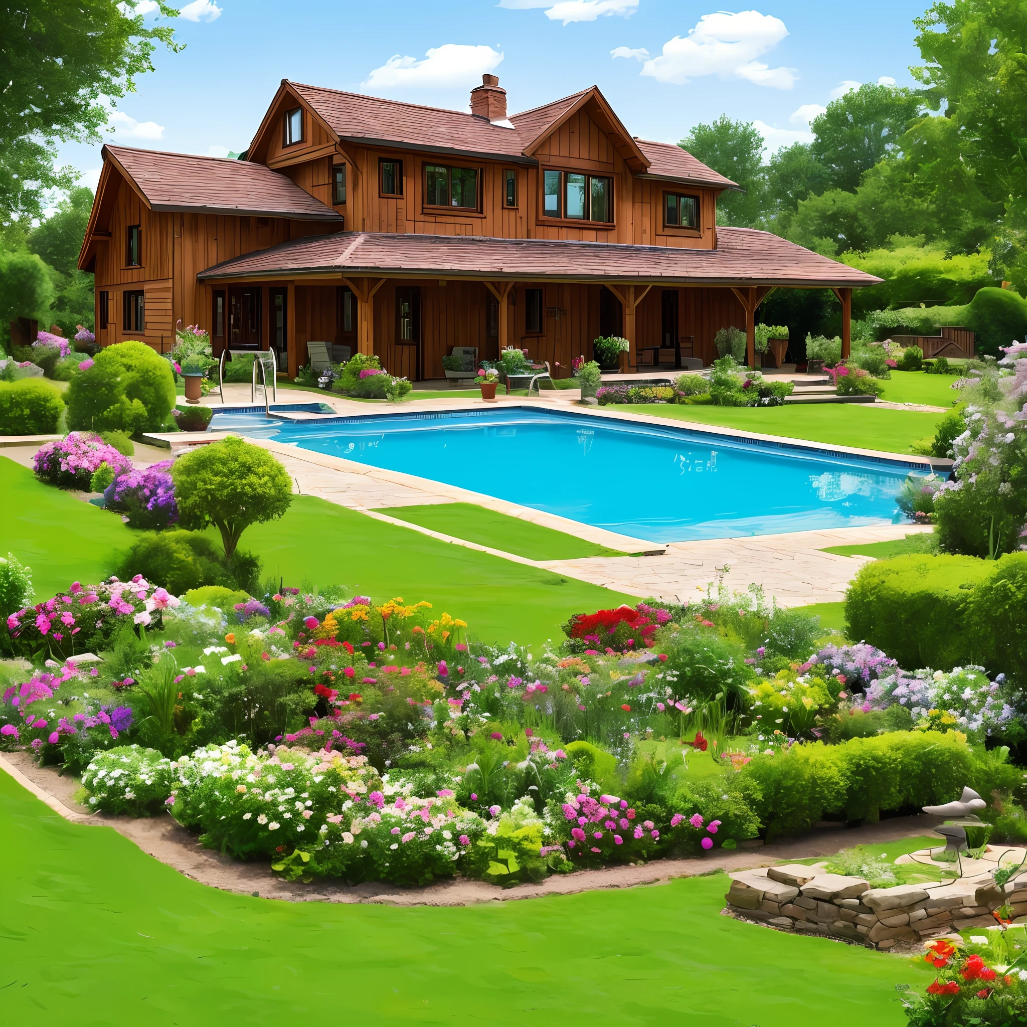 Country house with garden and pool, horse, ox, dog, trees --auto