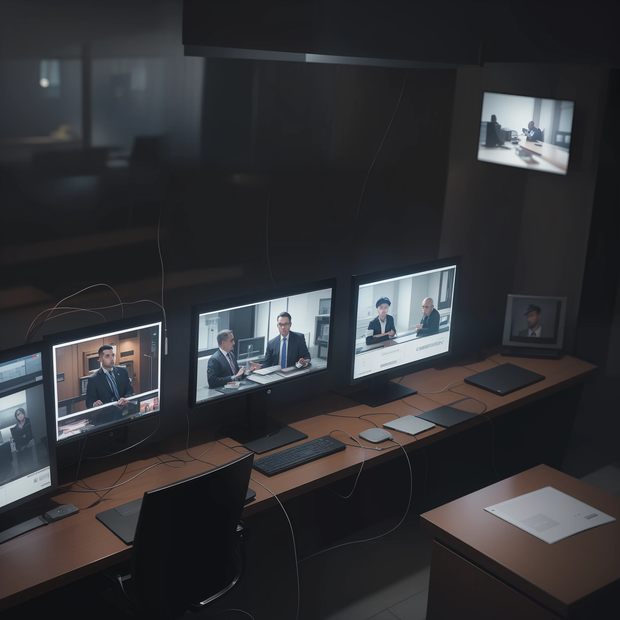 The room is dimly lit, with a few monitors displaying CCTV footage of different areas of the facility. The security guard is sitting at their desk, keeping an eye on everything. The atmosphere is quiet and tense, as the guard is responsible for keeping everything safe and secure. The room has several computers and other pieces of equipment, with wires and cords running between them. It's a crucial location, where the security guard keeps an eye on everything, making sure that nothing goes wrong. The image has a tense and somewhat lonely vibe to it, as the security guard is the only person in the room.
