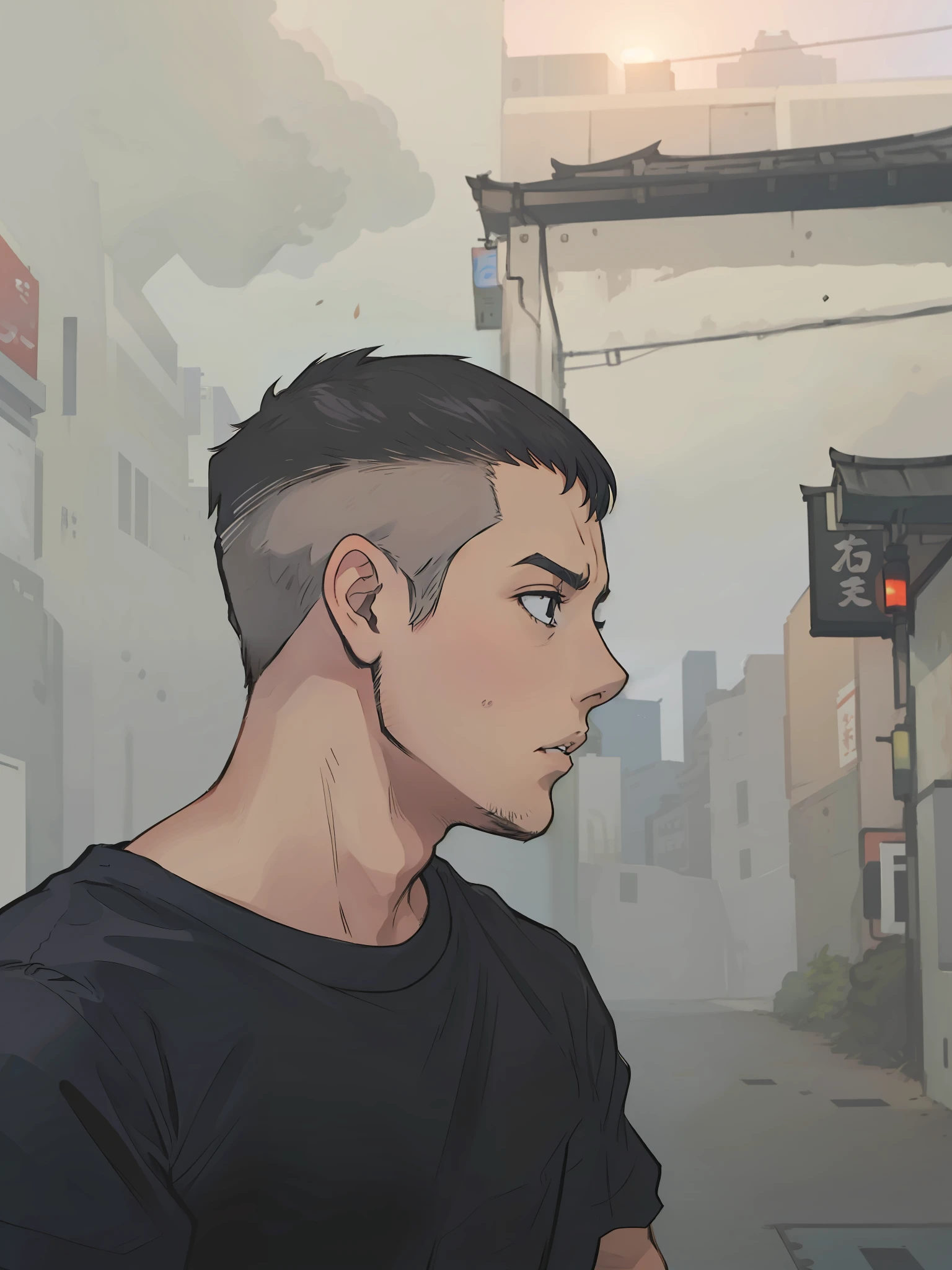 A 20-year-old boy with a Brazilian face and round chin without a beard, short hair, a crop haircut, black eyes, no pimples on his face and a black T-shirt with a Japanese print, is in an alley of the streets of Tokyo, cyberpunk style scenario, 4k, anime 2d