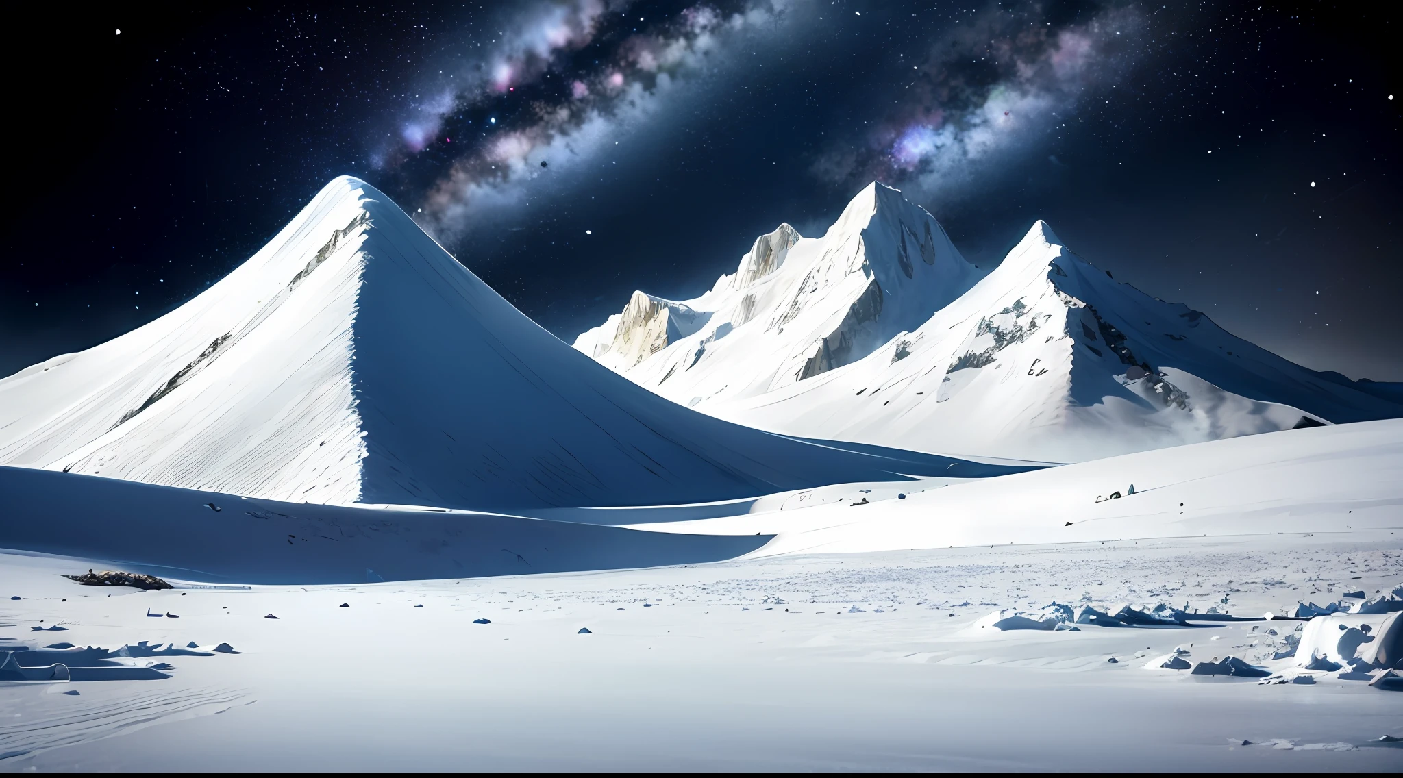 mountains of ice, sky with meteors and a couple
