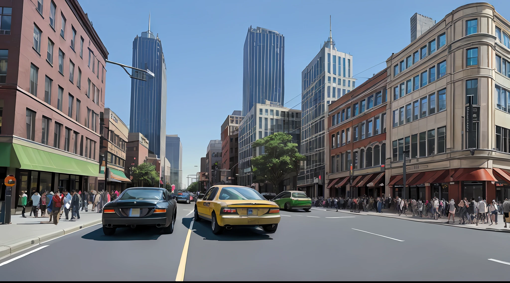 Beautiful realistic photos, downtown, crowds, traffic lights, lots of cars, buildings, looking up buildings
