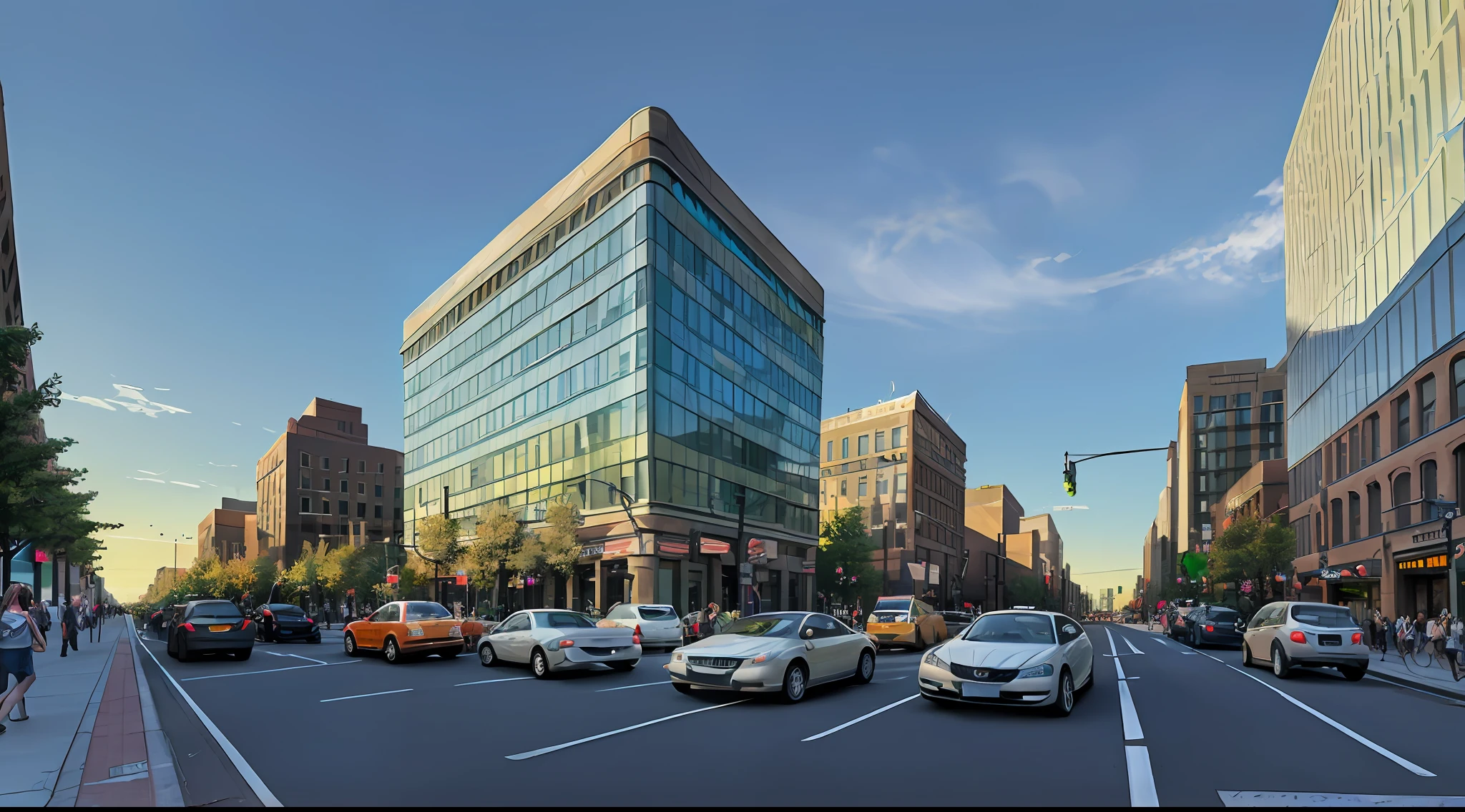 Beautiful realistic photos, downtown, crowds, traffic lights, lots of cars, buildings, looking up buildings