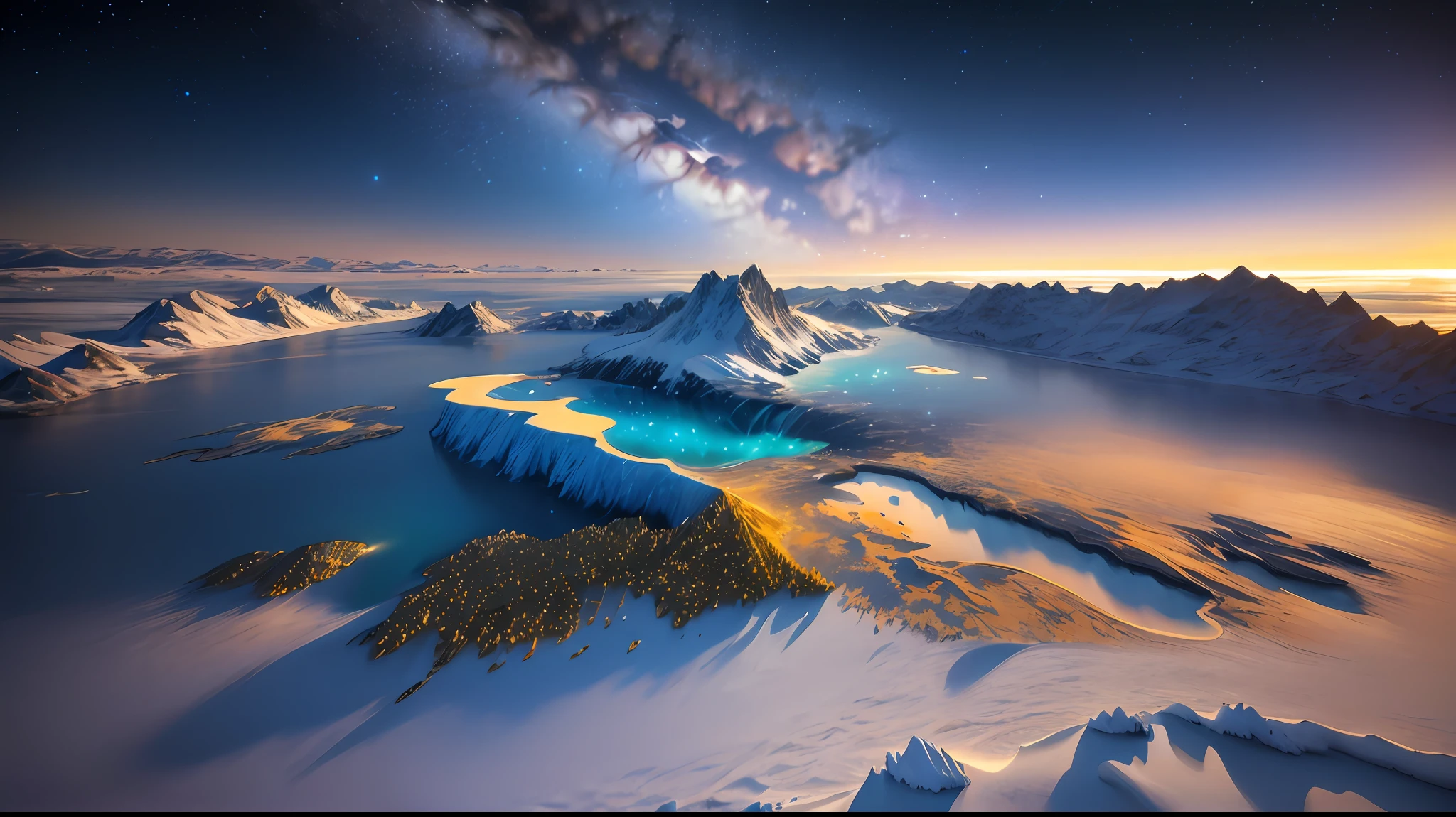 mountains of ice, sky with meteors and a couple