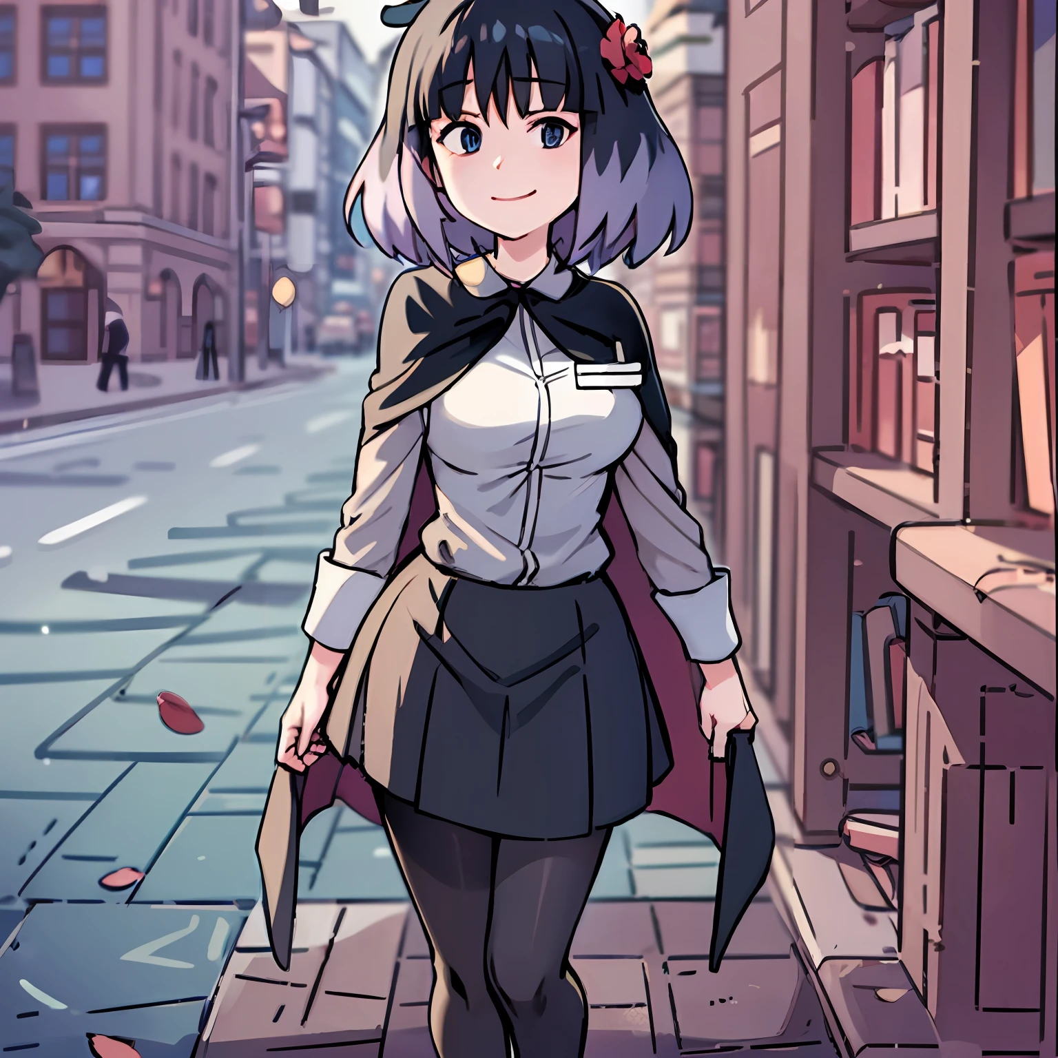 kaisa, full body, sleeveless sweater, long sleeve shirt, cape, skirt, pantyhose, black shoes, looking at the viewer, nameplate, smile, with a red flower in the hair, anime style