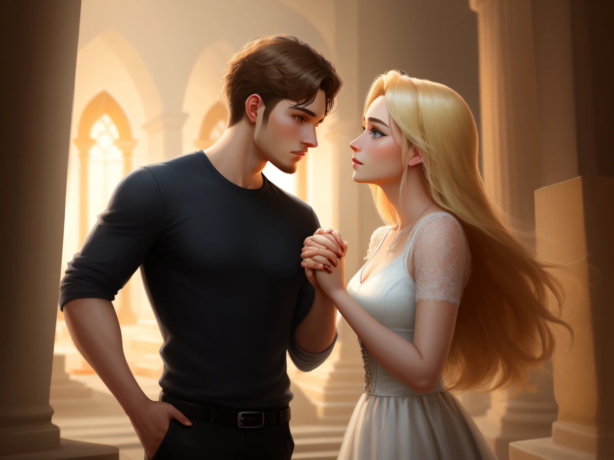 A very passionate couple. A man, a 25-year-old with blond hair, blue eyes, holds the hands of a 22-year-old young woman, long black hair. This couple kissing in a spiritual temple. Standard human body, two legs, two arms, hands with five fingers, high definition face, perfect human face, digital illustration, oil painting, high quality, dynamic lighting, ethereal lighting, ultra detail, elegant, masterpiece