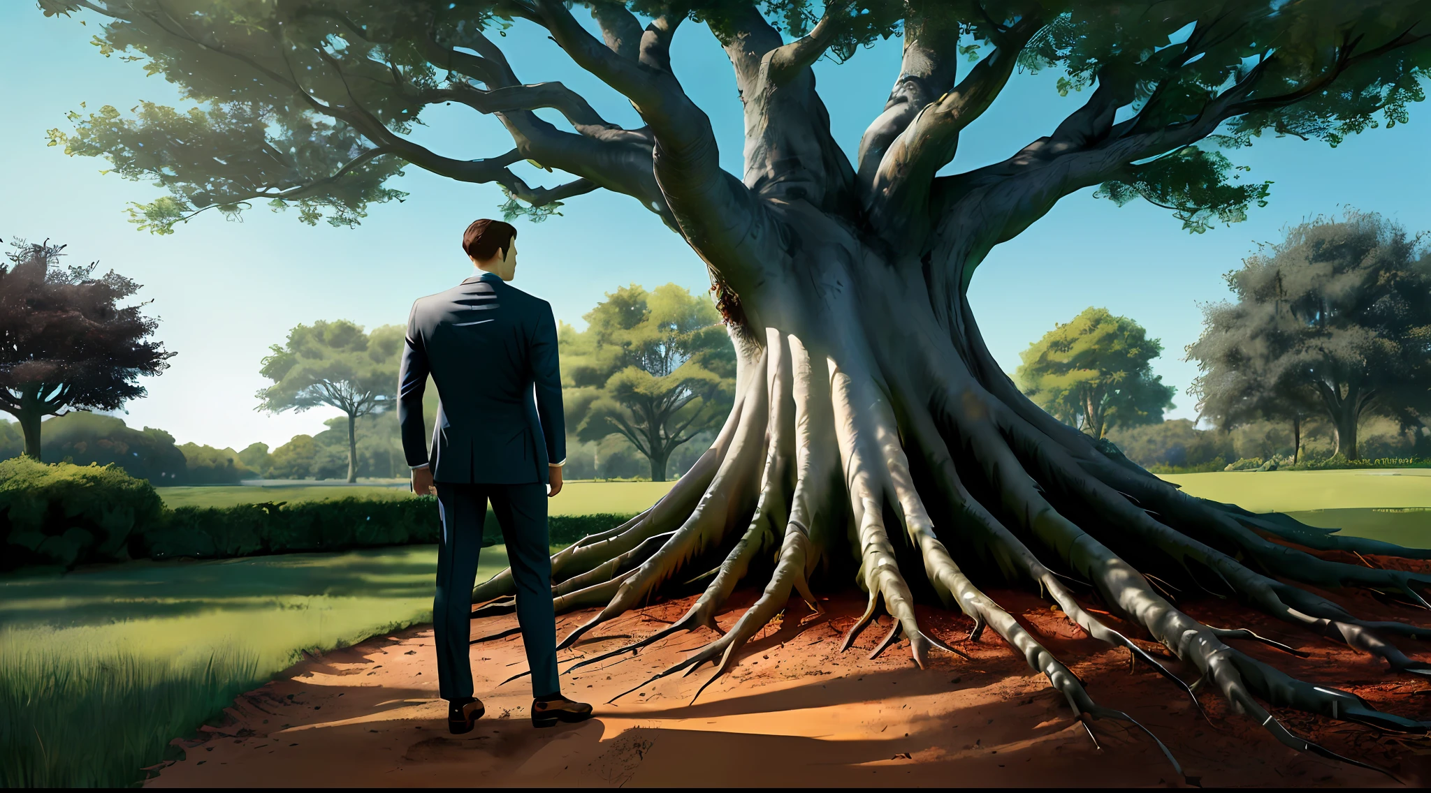 Pictures, beautiful photos, male suit and male shoes standing at the base of a tree, realistic, rear figure standing under a tree, taking a step, seen from behind, the ground is dirt, clear photo, realistic tree, looking up
