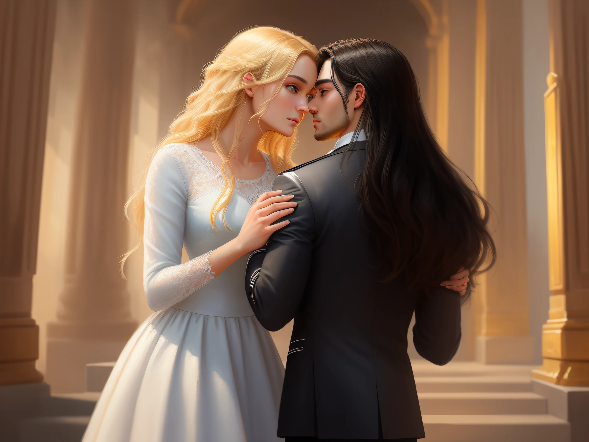 A very passionate couple. A man, a 25-year-old with blond hair, blue eyes, holds the hands of a 22-year-old young woman, long black hair. This couple kissing in a spiritual temple. Standard human body, two legs, two arms, hands with five fingers, high definition face, perfect human face, digital illustration, oil painting, high quality, dynamic lighting, ethereal lighting, ultra detail, elegant, masterpiece