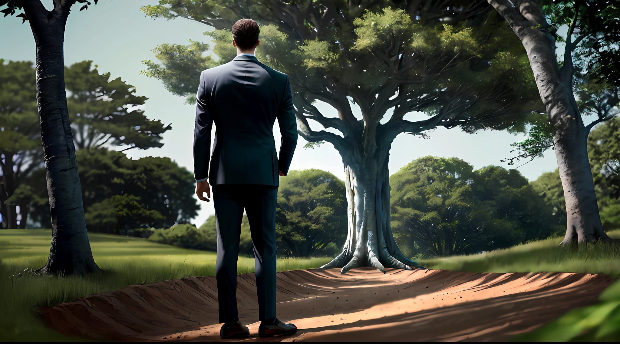 Pictures, beautiful photos, male suit and male shoes standing at the base of a tree, realistic, rear figure standing under a tree, taking a step, seen from behind, the ground is dirt, clear photo, realistic tree, looking up