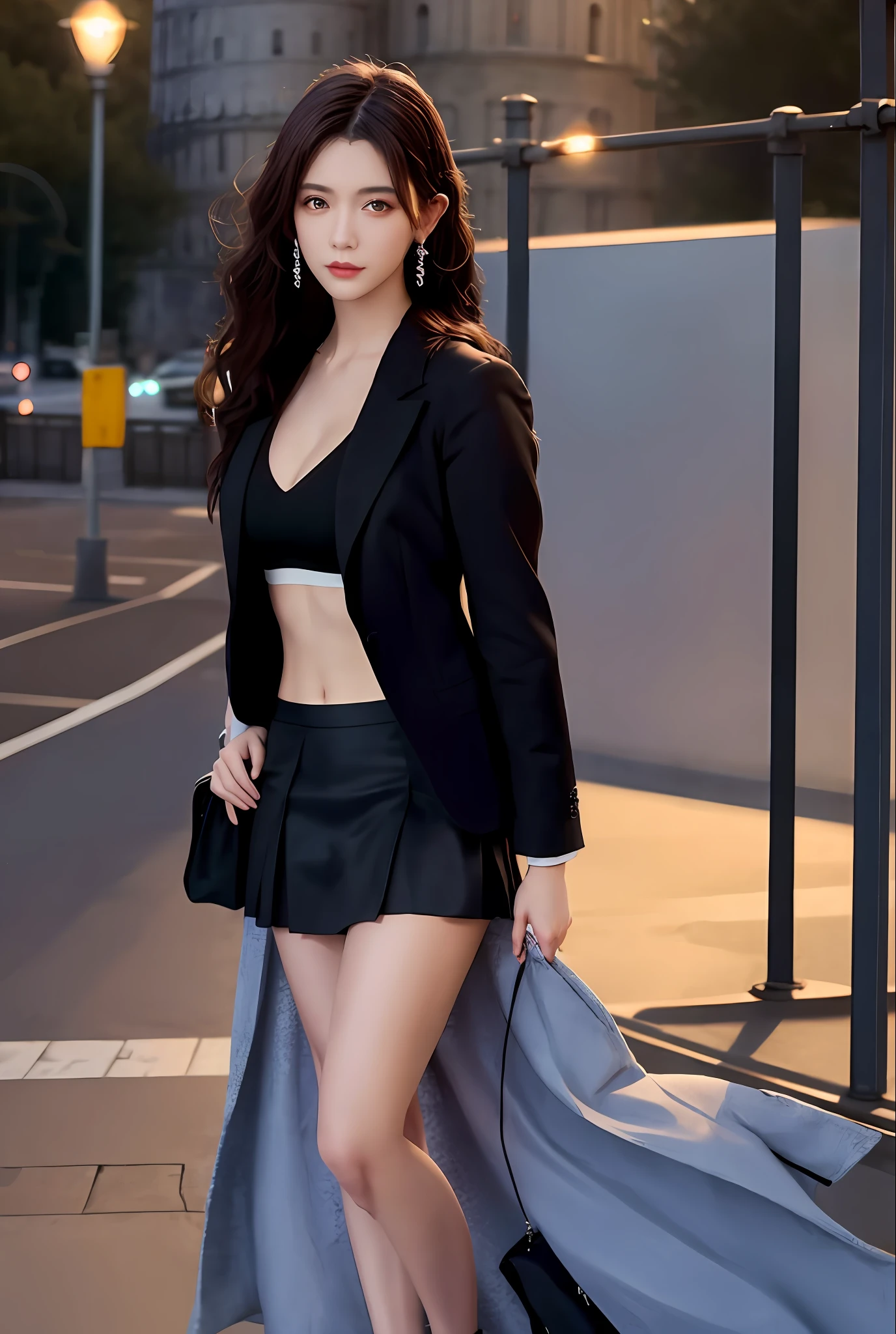 best quality, masterpiece, 1girl, Beautiful face, (photo realistic:1.3), rim lighting,(Leaning Tower Of Pisa background),navel,(high detailed skin:1.2), 8k uhd, dslr, high quality, high resolution, 4k, 8k, Bokeh, absurdres, best ratio four finger and one thumb, (realistic:1.3), cute 1girl, wearing black formal blazer, medium breasts, short skirt,
