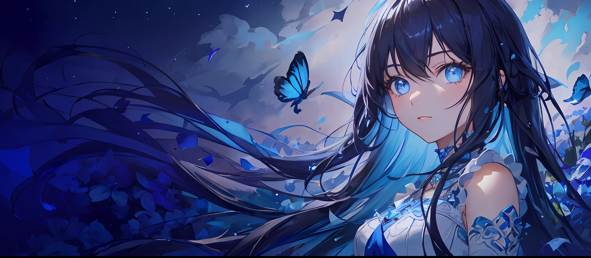 Masterpiece, superlative, detailed eyes, bright colors, detailed skin, 1girl, perspective silhouette, starry sky, flower field, (((((blue tones, edge lighting)))))),