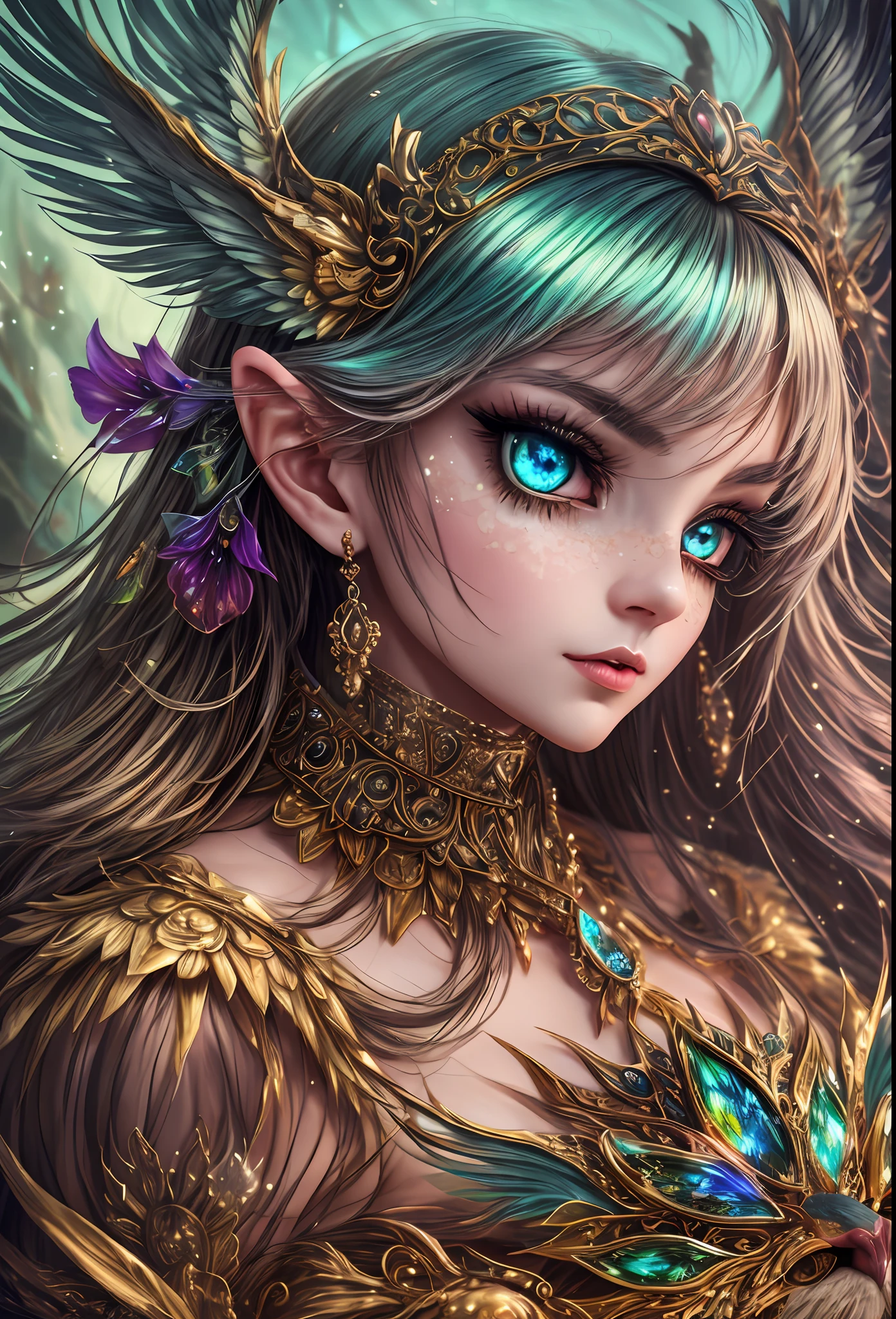 This image should be in a fantasy style.  Generate a beautiful celestial woman with an interesting face and engaging expression who is playing with fantasy creatures. The woman is playing with intricate and stunning fantasy animals. (Include highly detailed fantasy animals.) Include beautiful fur and feathers and ensure the animal has plenty of iridescence. Include 8k eyes, highly detailed eyes, extremely detailed eyes, macro eyes, bright clear eyes, and sharp eyes. The image should be a masterpiece and contain fantasy vibes and phantasmal iridescence. Include many bright colors. Camera: Utilize dynamic composition and studio lighting to enhance details and emphasize fantasy vibes. The image should be ornate and contain many small and intricate details. In the style of Artstation trending and midjourney.