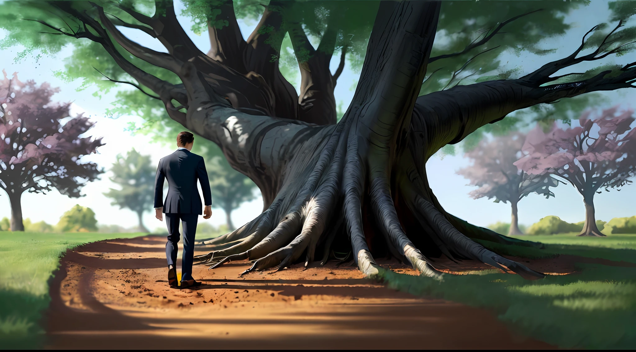Pictures, beautiful photos, male suit and male shoes standing at the base of a tree, realistic, rear figure standing under a tree, taking a step, seen from behind, the ground is dirt, clear photo, realistic tree, looking up