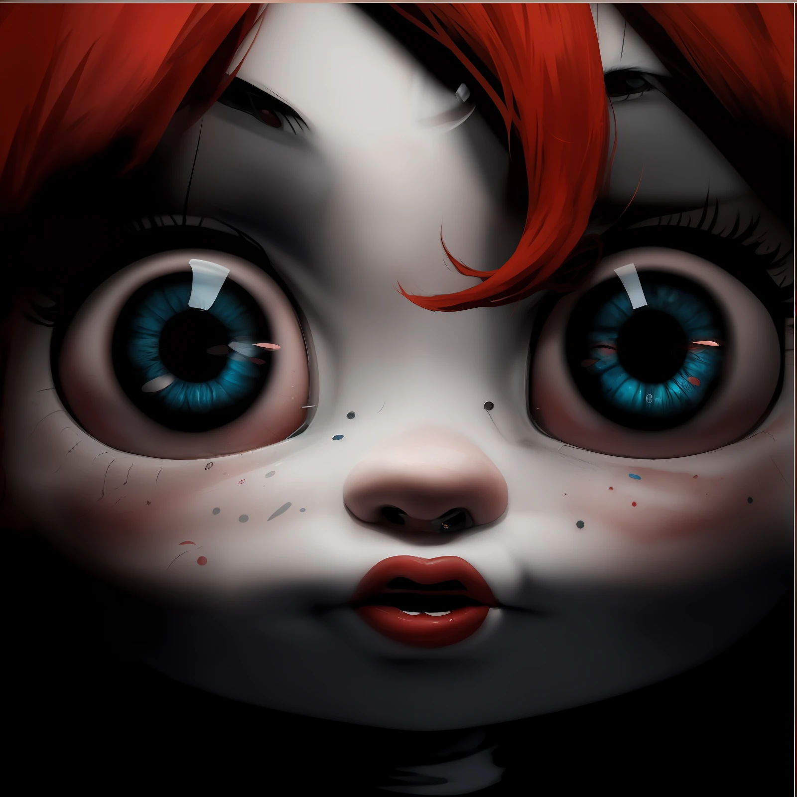 There is a closeup of a doll with red hair and blue eyes, big detailed eyes, doll phobia, the mekanik doll, doll face, Chucky, big detailed eyes, Chucky style, with very highly detailed face, realistic cute big eyes, ((red)) Baggy eyes, scary child, horrifying :4, horror!! Highly detailed, Poppy Playtime --auto