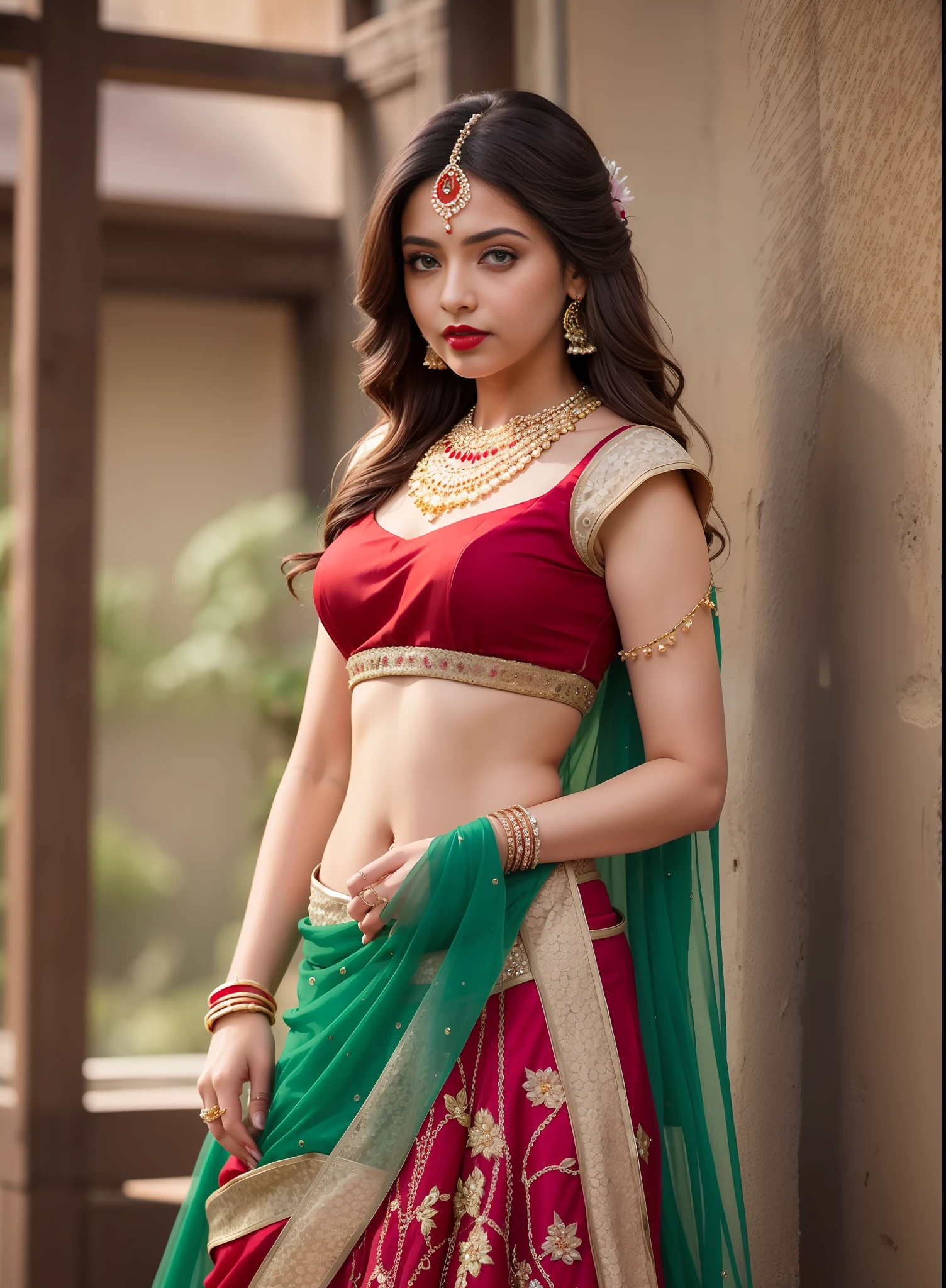 photorealistic, award winning, hyperrealistic, highly detailed, analog photo, film grain, (full body shot:1.2)
girl in brown hair, green eyes, wearing intricate lace red lehenga choli, red lipstick, jewelries, necklace, looking past camera, hair ornaments, jasmine flowers on hair