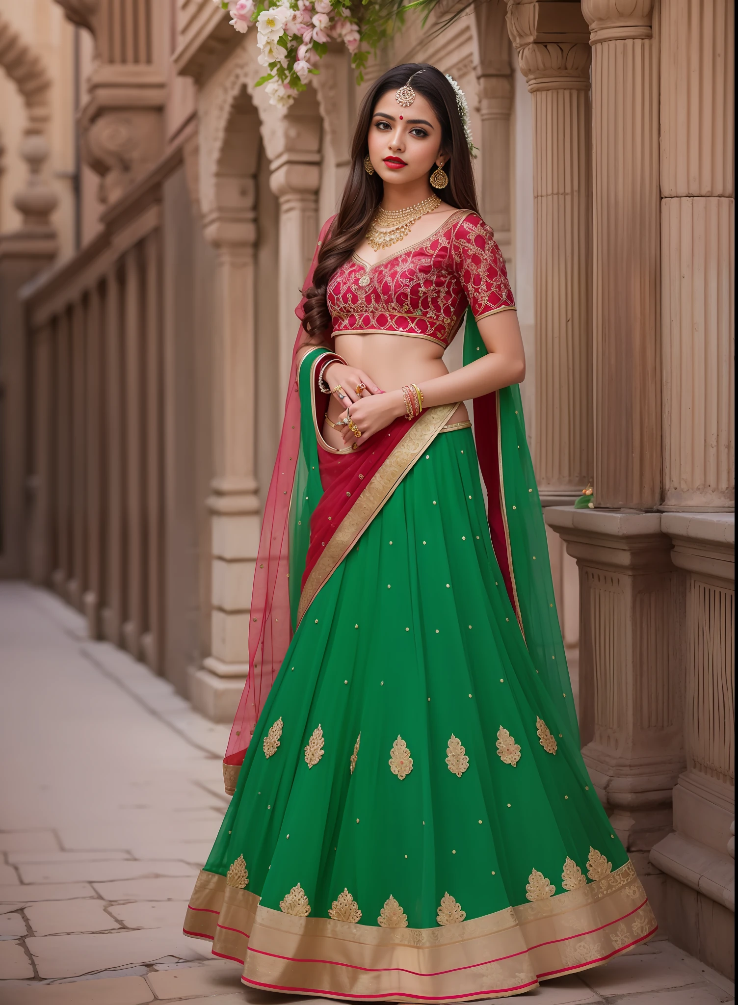 photorealistic, award winning, hyperrealistic, highly detailed, analog photo, film grain, (full body shot:1.2)
girl in brown hair, green eyes, wearing intricate lace red lehenga choli, red lipstick, jewelries, necklace, looking past camera, hair ornaments, jasmine flowers on hair