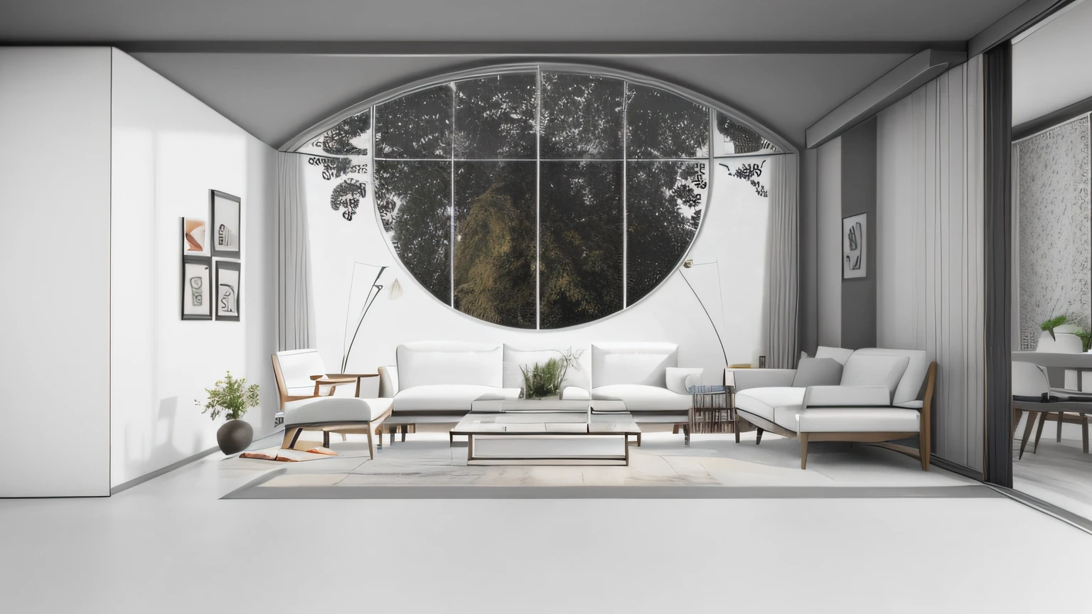 a living room with a couch, chair, and bookshelf, big circular glass windows,an ambient occlusion render, interior background, interior background art, japanese villa syd mead, ambient occlusion render, ambient reflective occlusion, ambient occlusion, detailed set design, set design, room mono window, mid century , indoor scene,photorealistic, masterpiece, realistic, realism, photorealism, high contrast, photorealistic digital art trending on Artstation, 8k HD high definition detailed realistic, hyper detailed,best quality, ultra high res, (photorealistic:1.4),award winning,high resolution, detailed, raw photo, nikon d850 film stock photograph 4 kodak portra 400 camera f1.6 lens rich colors hyper realistic lifelike texture dramatic lighting unrealengine trending on artstation cinestill 800,