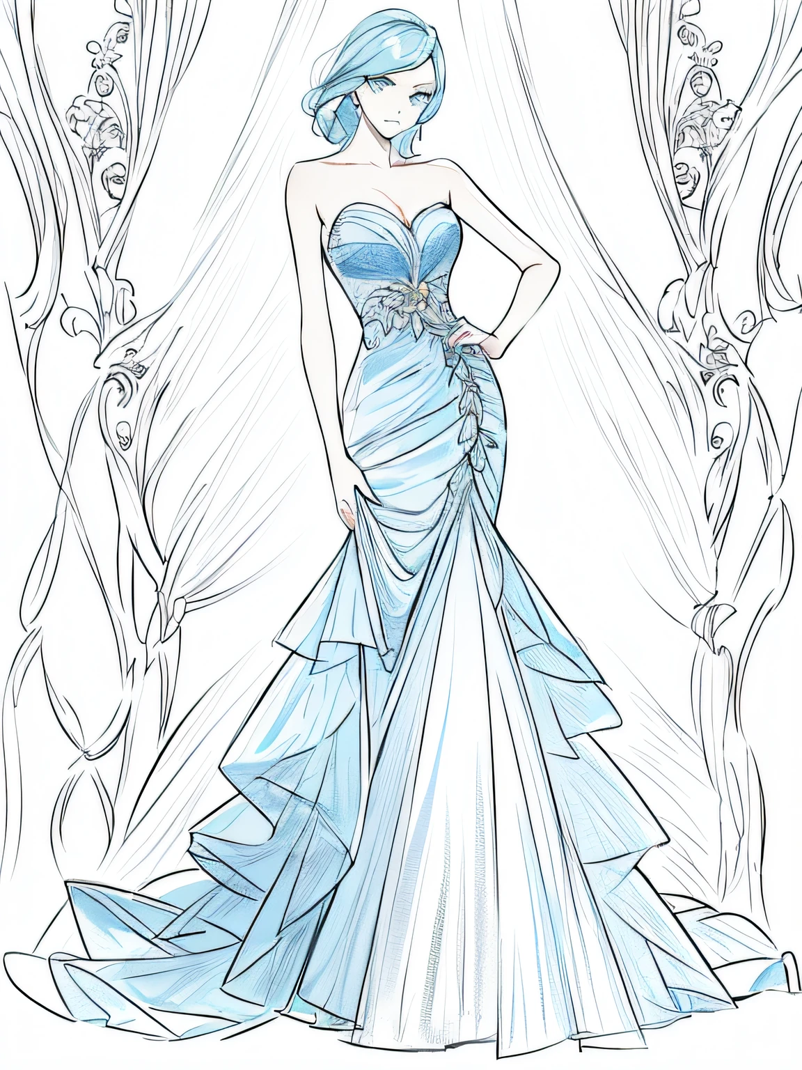 A drawing of a woman in a wedding dress, wearing a beautiful light blue dress, flowing dress, wearing an evening dress, complex light blue dress, detailed images, standing elegant posture, detailed fashion illustration, wearing an elegant light blue dress, wearing a flowing light blue dress, detailed light blue dress, flowing light blue dress, Charlie Beauvot's style