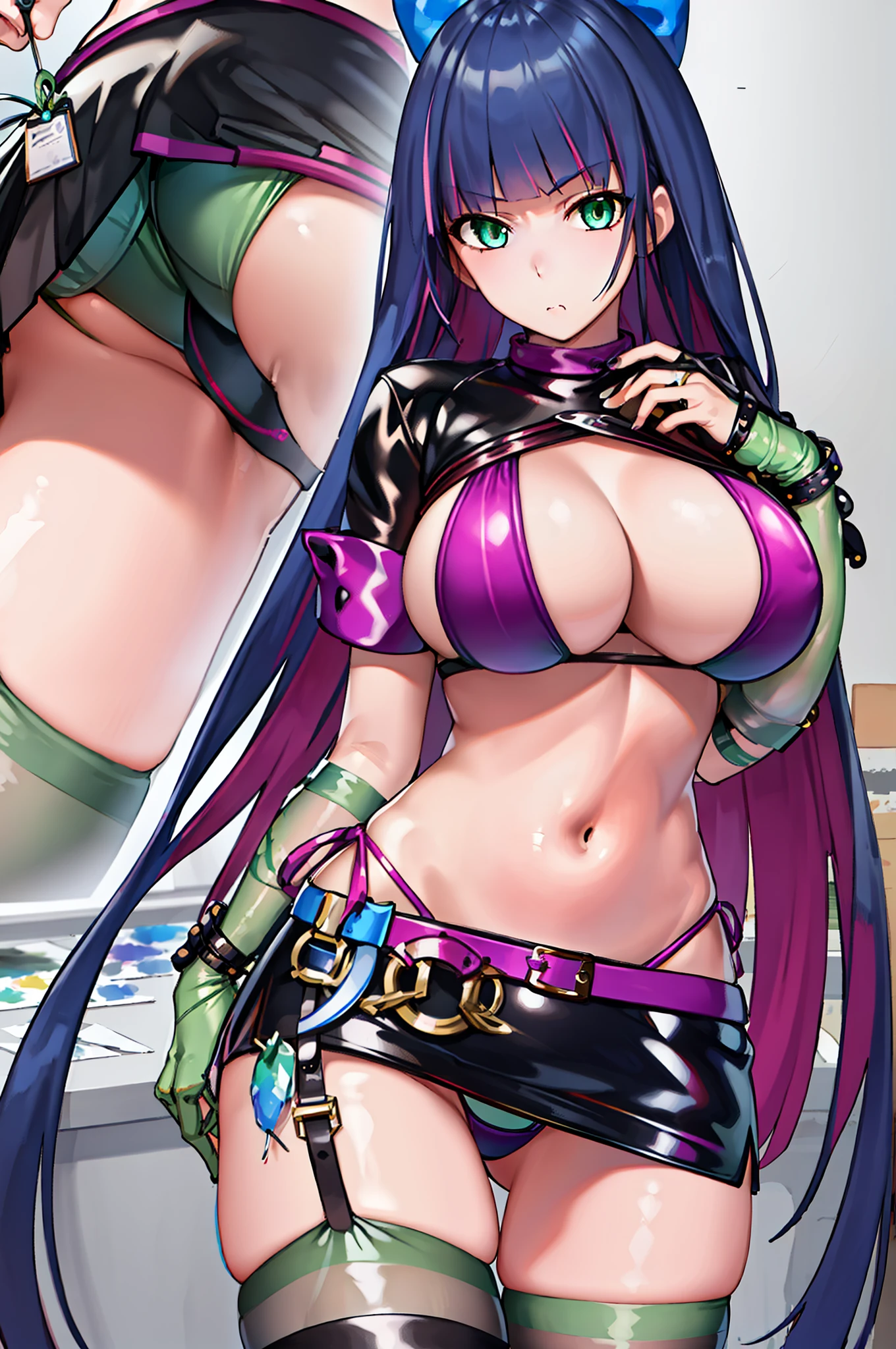 nsfw ((extreme detail)), (ultra detailed), (painting), highly detailed CG Unity 8k wallpaper, top quality, anarchy stockings, (trick or treatment:1.1),navel, multicolored bikini,,hair bow, highly detailed background,night,dark