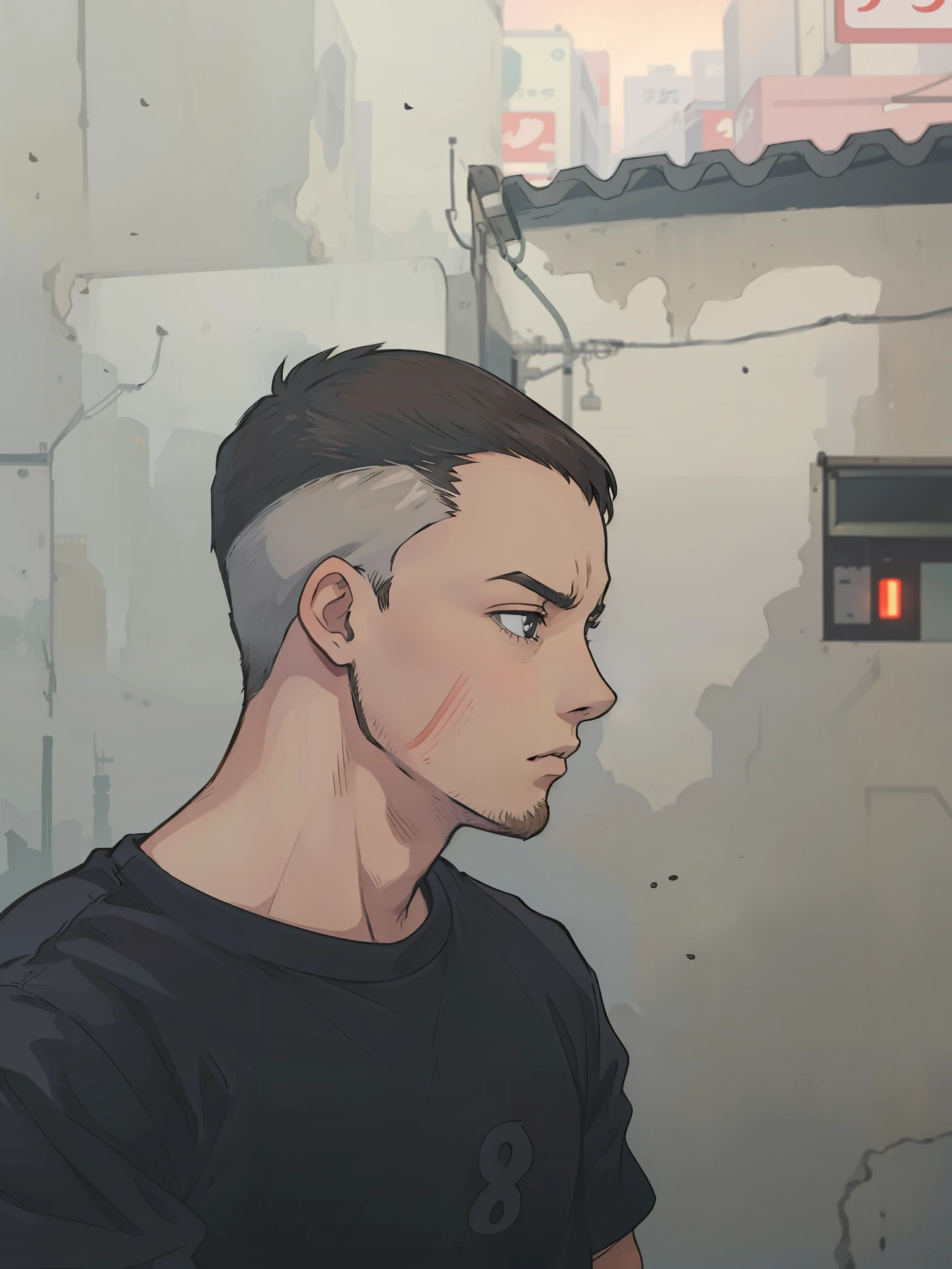 A 20-year-old boy with a Brazilian face and round chin without a beard, short hair, a crop haircut, black eyes, no pimples on his face and a black T-shirt with a Japanese print, is in an alley of the streets of Tokyo, cyberpunk style scenario, 4k, anime 2d