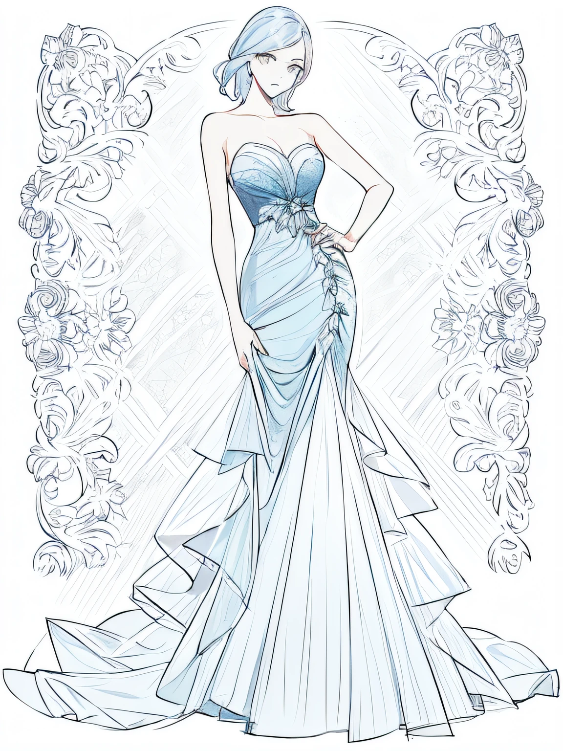 A drawing of a woman in a wedding dress, wearing a beautiful light blue dress, flowing dress, wearing an evening dress, complex light blue dress, detailed images, standing elegant posture, detailed fashion illustration, wearing an elegant light blue dress, wearing a flowing light blue dress, detailed light blue dress, flowing light blue dress, Charlie Beauvot's style