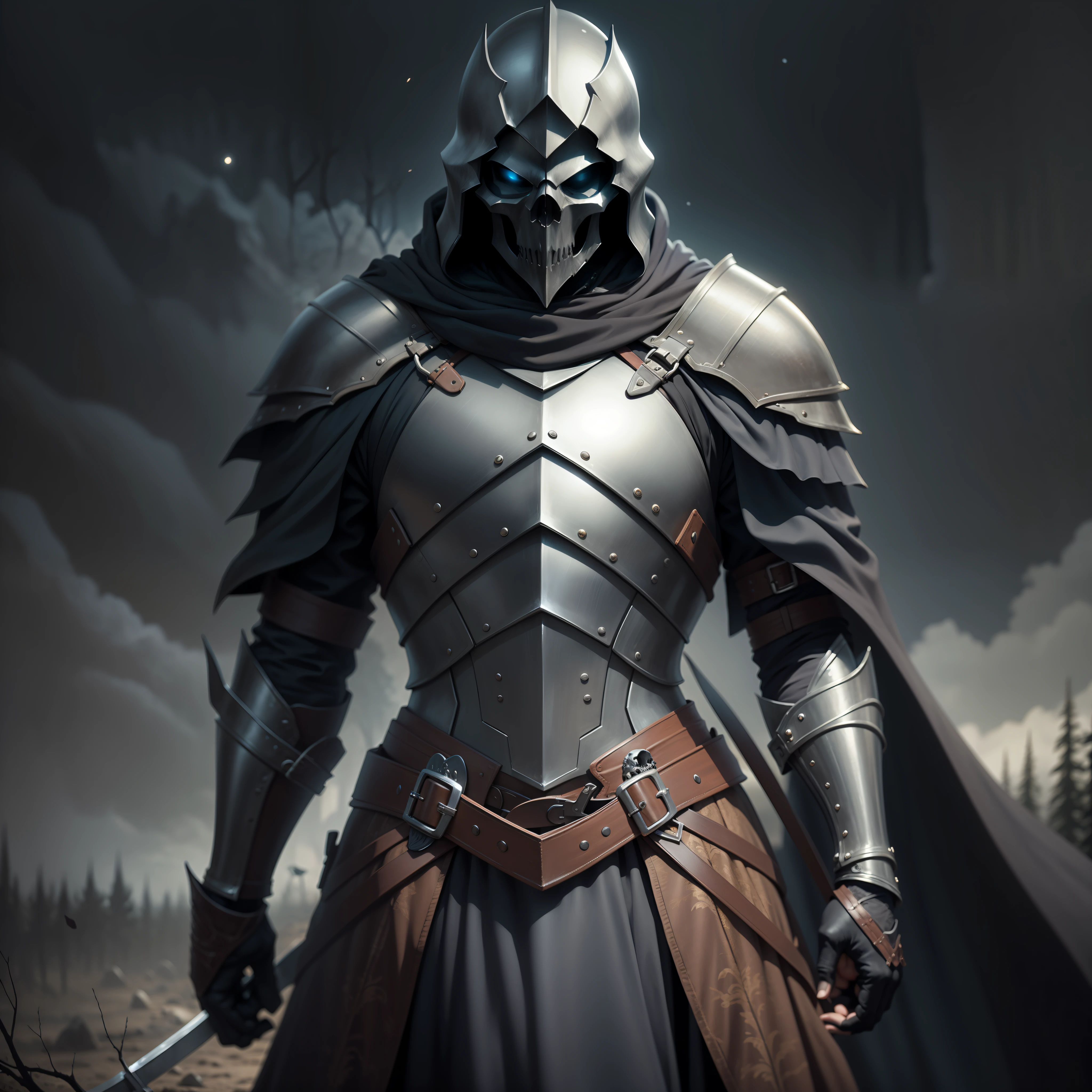 Medieval gentleman, black armor, skull helmet, sword on the back, black horse, (Nazgul style). Background, dry trees, heavy ambient light, dark environment, night sky, cloudy. Ultra detailed, cinematic, ultra realism