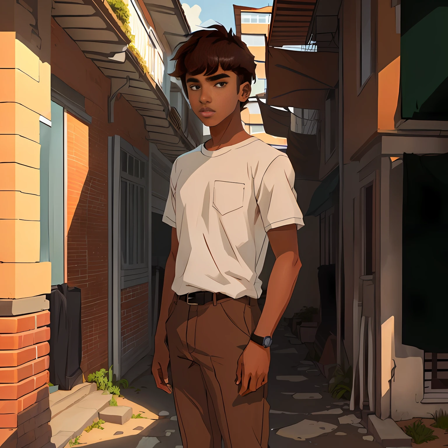 young skinny high school boy, brown skin, Brazilian, brown hair with bangs, brown eyes, 2d character, comics