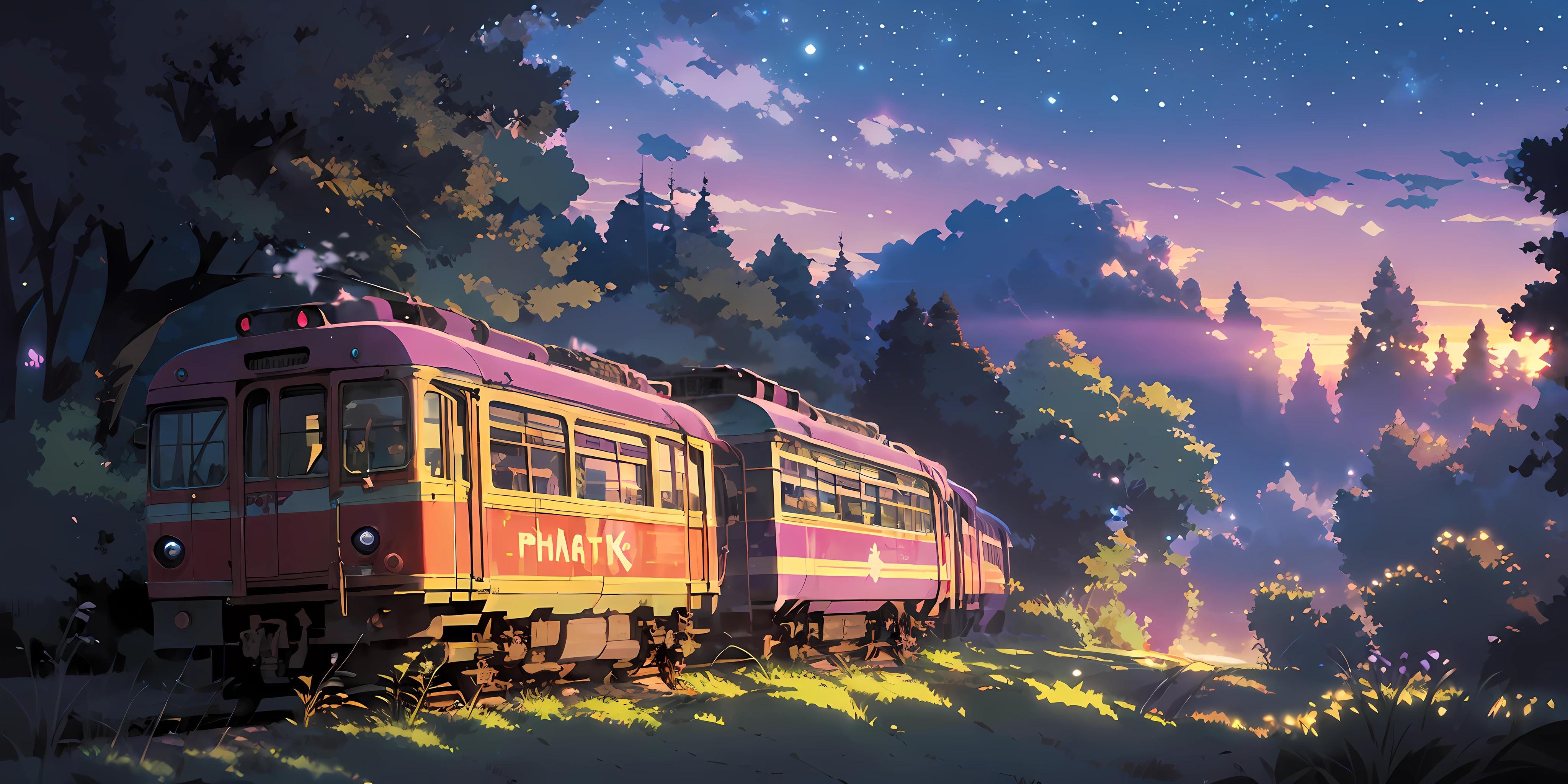 (((Makoto Shinkai style)),pixiv,anime drawing,high quality,pink purple sky,beautiful scene),(universe,train passing,magical realism,((makoto shinkai style)) ::0.8), [Artistic Atmosphere, Atmosphere:0.8, Starry Sky, Hills, Snow Mountain, Sparkling Water, Grass, Trees, Smoke, Stars, Low Angle of View, Specular Scattering,
