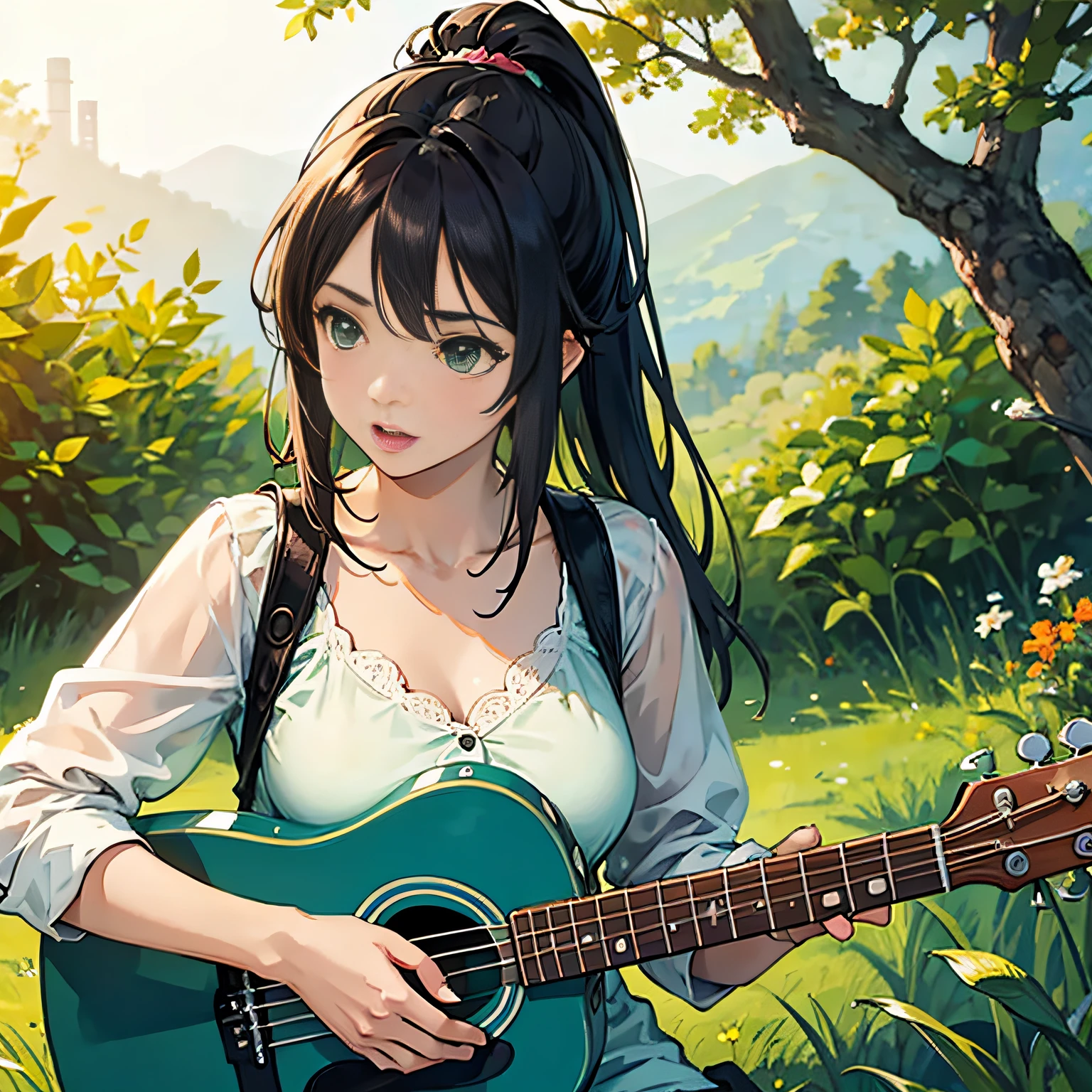 Singing Girl, Nature, Green, Ukulele, Anime, Best Quality --auto