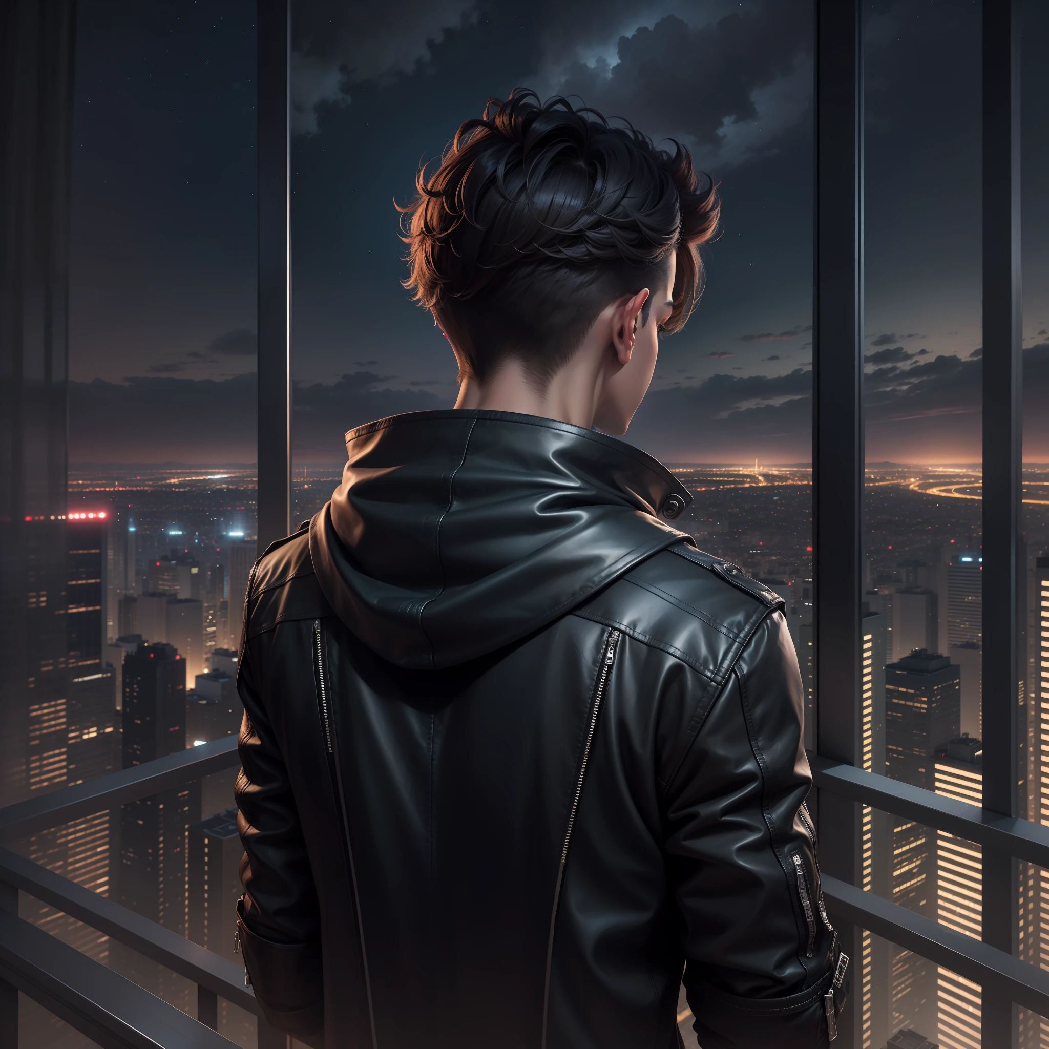 Handsome teenager wearing leather jacket and waiting at top floor balcony, staring at night city lights, left side behind view, clear hd image, wind.