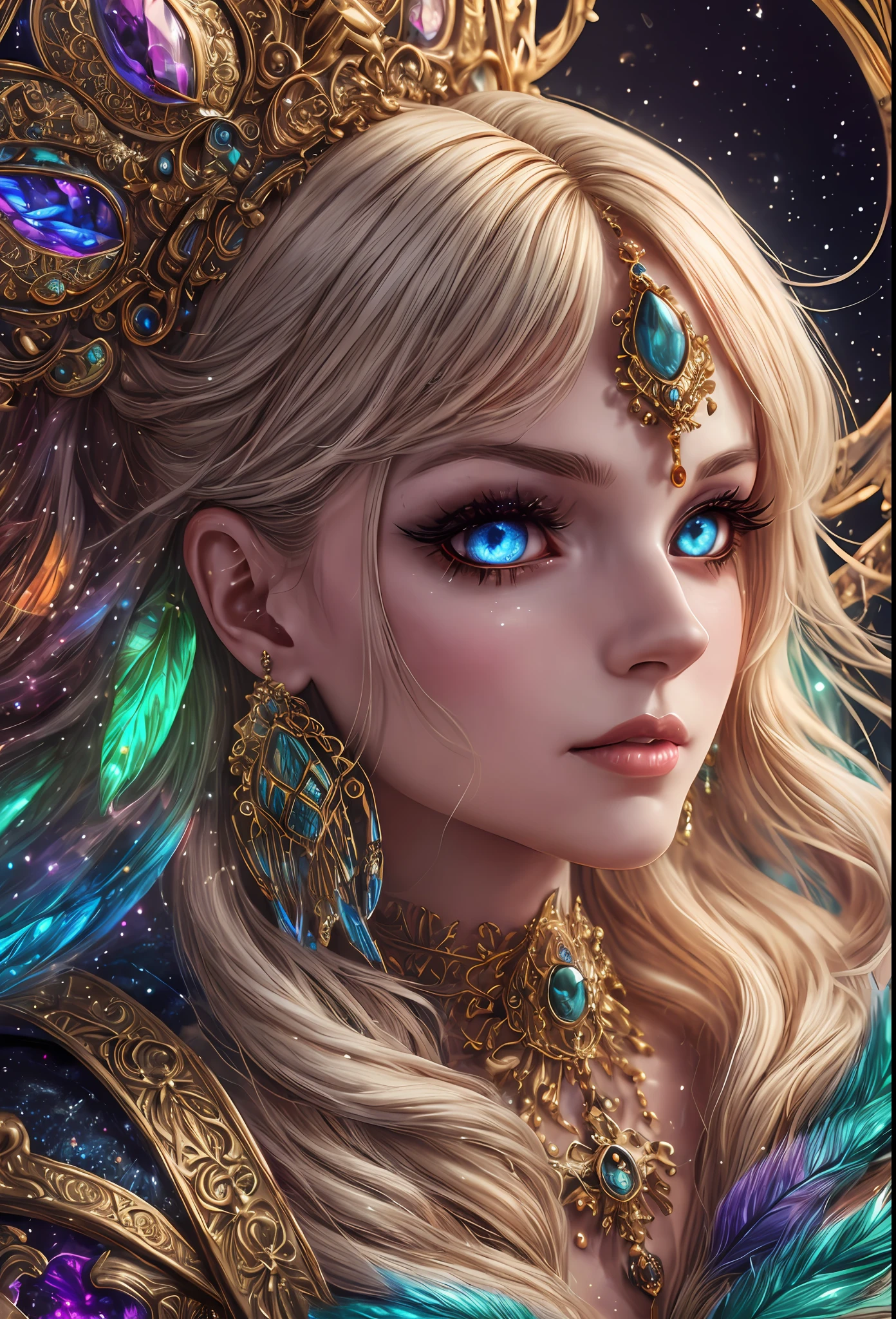 This image should be in a fantasy style. Generate a beautiful celestial woman with an interesting face and engaging expression who is playing with fantasy creatures. The woman is playing with intricate and stunning fantasy animals. (Include highly detailed fantasy animals.) Include beautiful fur and feathers and ensure the animal has plenty of iridescence. Include 8k eyes, highly detailed eyes, extremely detailed eyes, macro eyes, bright clear eyes, and sharp eyes. The image should be a masterpiece and contain fantasy vibes and phantasmal iridescence. Include many bright colors. Camera: Utilize dynamic composition and studio lighting to enhance details and emphasize fantasy vibes. The image should be ornate and contain many small and intricate details. In the style of Artstation trending and midjourney.