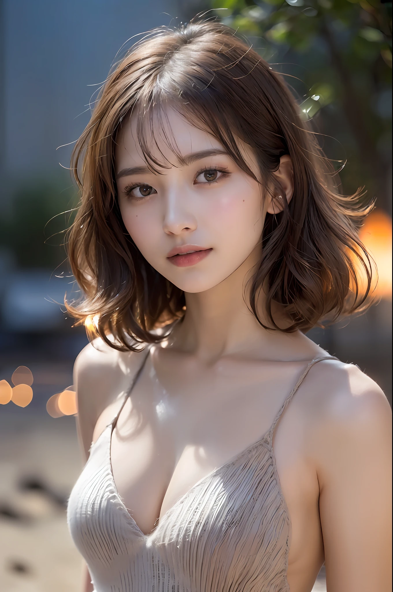 ((64K, UHD, Best Quality, Masterpiece: 1.2), (Realistic, Photorealistic: 1.37), Ultra Detailed, (Night, Beach, Campfire: 1.2), Professional Lighting, Photon Mapping, Radiosity, Physically Based Rendering, Masterpiece, Rich Detail, (Fine Face),(Fine Eyes), (Clear Face), (Detailed Face Description), (Detailed Hand Description), ( masterpiece), realistic, extreme light and shadow, shiny skin,shiny hair, one girl, 18 years old, Japan, cute, smile:1.2, happy,(gradient brown hair, gray hair, short curly hair:1.2),small tall, slender: 1.2, double, disheveled hair, fine clavicle, clavicle, (stylish pose, from behind, full body shot: 1.3), ( Small breasts, flat chest:1.2),(Knitted deep V-neckline slip dress, micro mini, sideboob, bare waist, bare back,cleavage:1.3), face focus