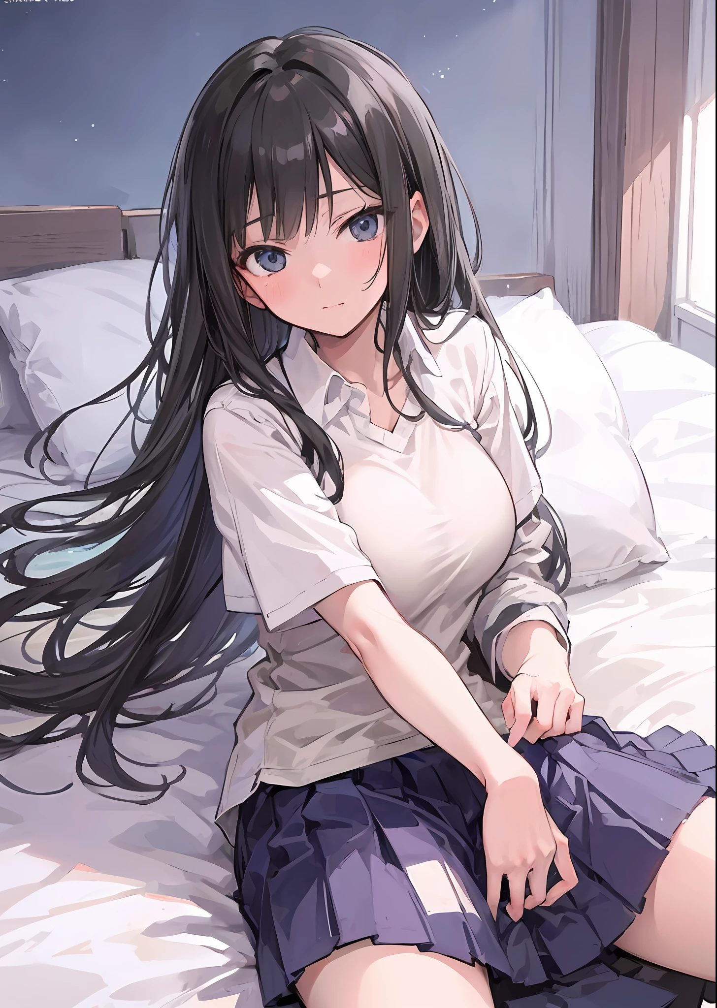 Anime girl with long black hair and pillow white shirt, Nagatoro, Hinata Hinata, big, Marine Kitagawa fan art,, Shoko Nishimiya, fleet collection style, big, anime style, anime moe art style, big!,Anime character as official art, beautiful breasts