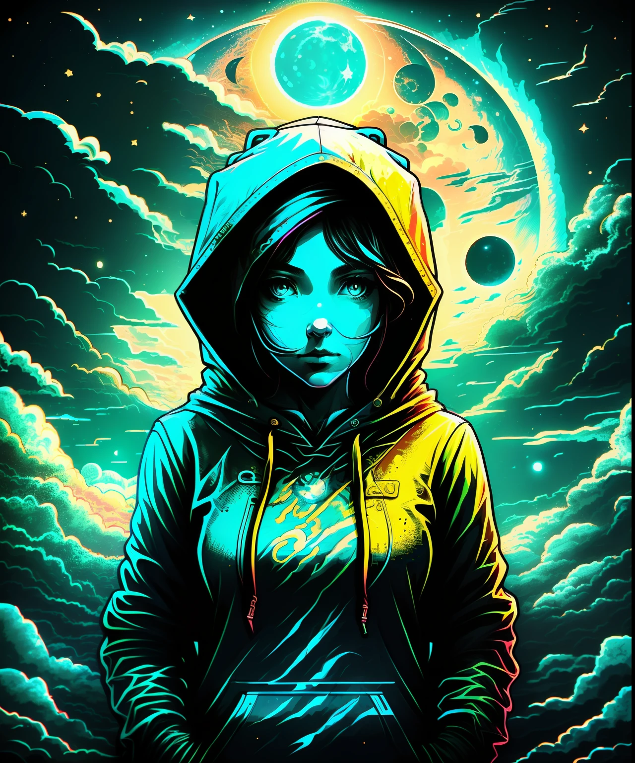 a woman in a hoodie looking at the camera, moon in the background