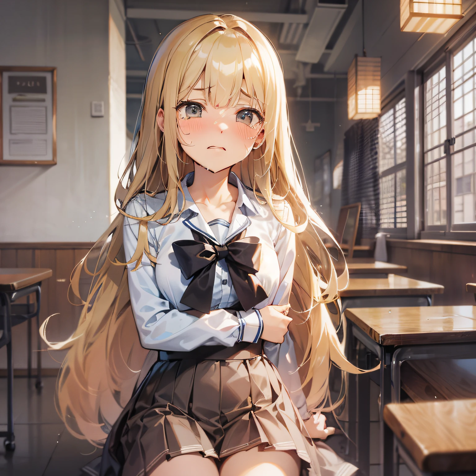 super sad, in a classroom seen from afar facing the window, tears coming out, big chests, classroom
