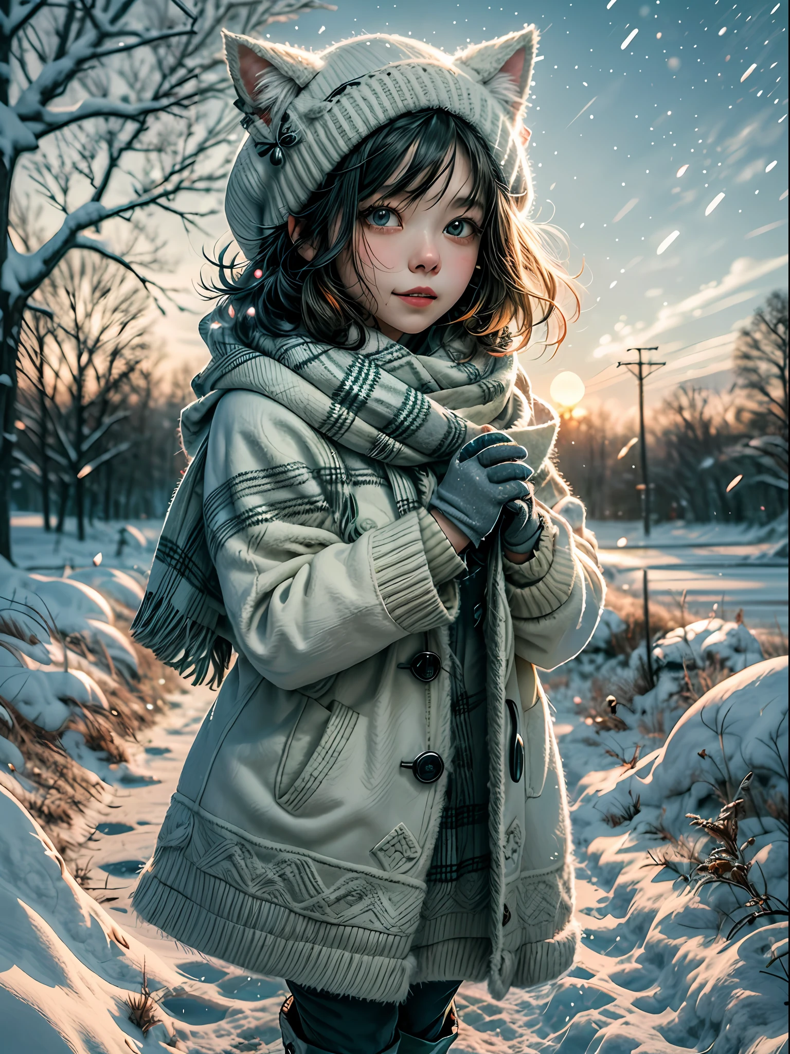 A 5-year-old Japanese girl with short hair is walking alone in the snow, bundled up in heavy winter clothes. On her head, she wears a furry headband with cat ears. It's snowing, and the sunset's warm glow illuminates the scene. As she takes each step, her small boots sink into the fresh snow, leaving tiny footprints behind. The cold air nips at her rosy cheeks, but she remains undeterred, her determination evident in her every movement.
Her eyes sparkle with wonder as she gazes at the pristine winter landscape around her. The snowflakes gently fall from the sky, creating a soft blanket of white that covers everything in sight. The trees stand tall, adorned with delicate icicles hanging from their branches, glistening in the fading light.
With her gloved hands, she reaches out to catch a snowflake, marveling at its intricate design before it melts in her palm. A delighted giggle escapes her lips, echoing through the quiet winter air.
As she continues her solitary walk, she encounters a group of playful snowmen standing proudly nearby. Their carrot noses and coal eyes seem to come alive in her imagination. With a mischievous grin, she gives them a friendly wave before moving on.
Her diadema with fluffy cat ears sits snugly on her head, adding a touch of whimsy to her wintry ensemble. It bobs gently with each step she takes, as if joining in her adventure through the snow-covered wonderland.
Despite the chilly temperature, the girl's spirit remains warm and radiant. She embraces the solitude, finding joy in her own company and the beauty that surrounds her. Each snowflake that lands on her bundled-up form is like a small miracle, reminding her of the magic that exists even in the coldest of seasons.
As the sun begins to dip below the horizon, casting a golden hue across the landscape, the girl knows it's time to head back home. With a contented sigh, she retraces her steps, leaving behind a trail of memories in the snow.
In her heart, she carries the enchantment